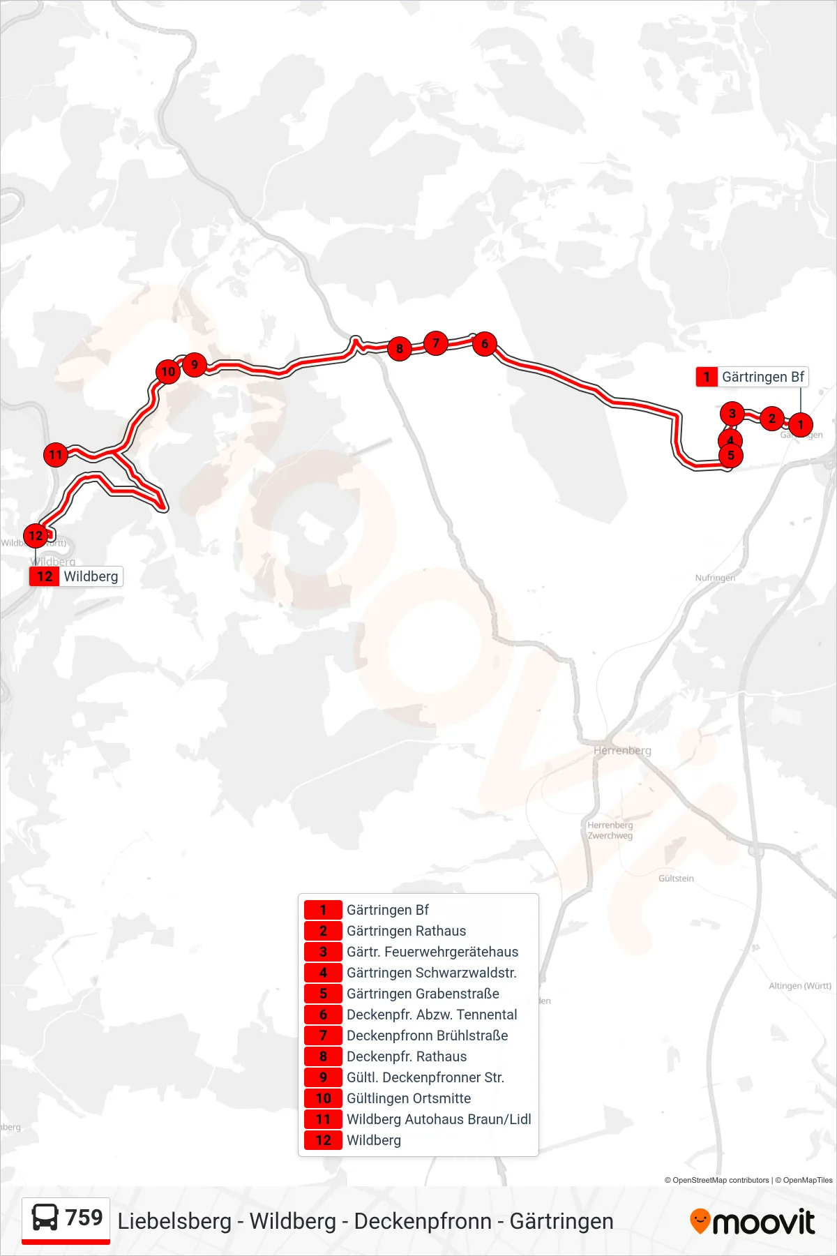 759 bus Line (Wildberg) route and stops on a map