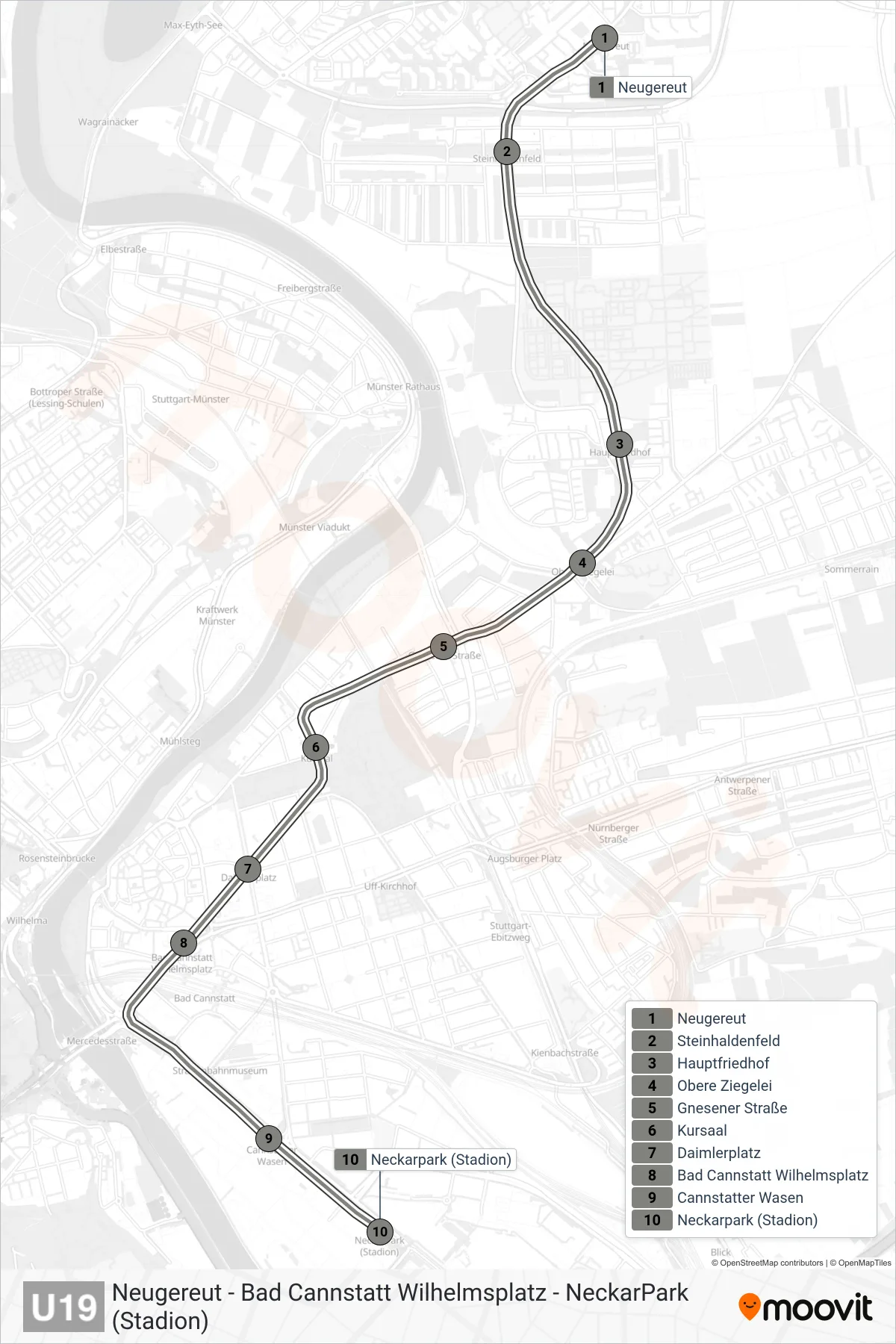 U19 subway Line (Neckarpark (Stadion)) route and stops on a map