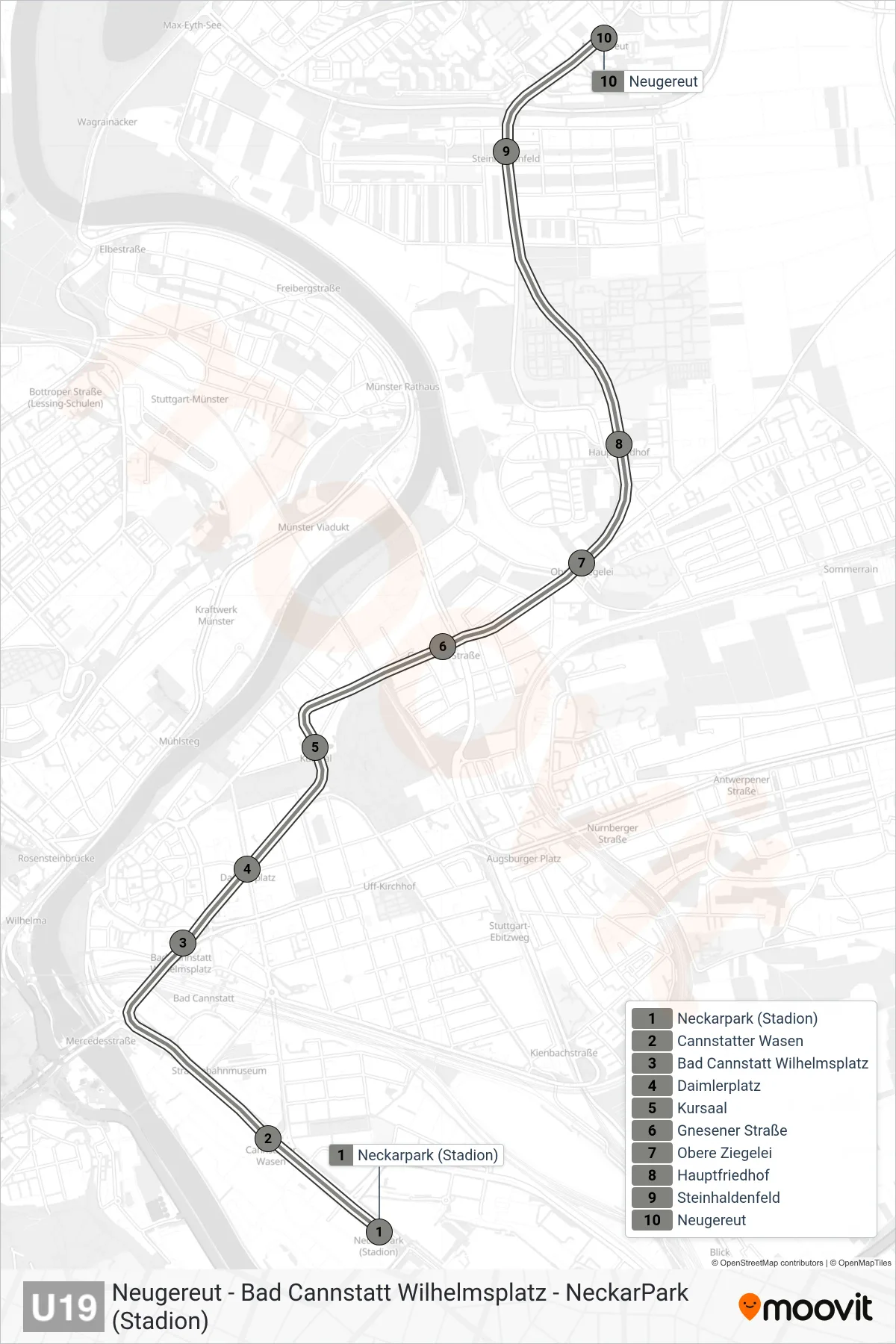 U19 subway Line (Neugereut) route and stops on a map