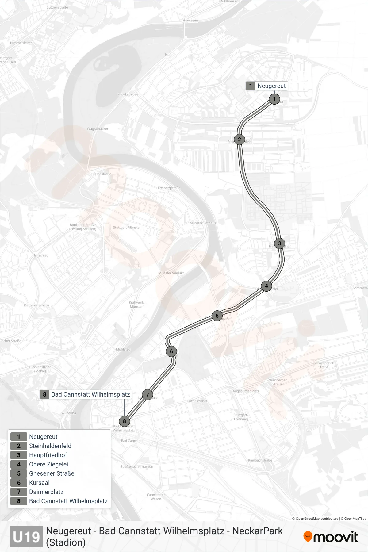 U19 subway Line (Bad Cannstatt Wilhelmsplatz) route and stops on a map