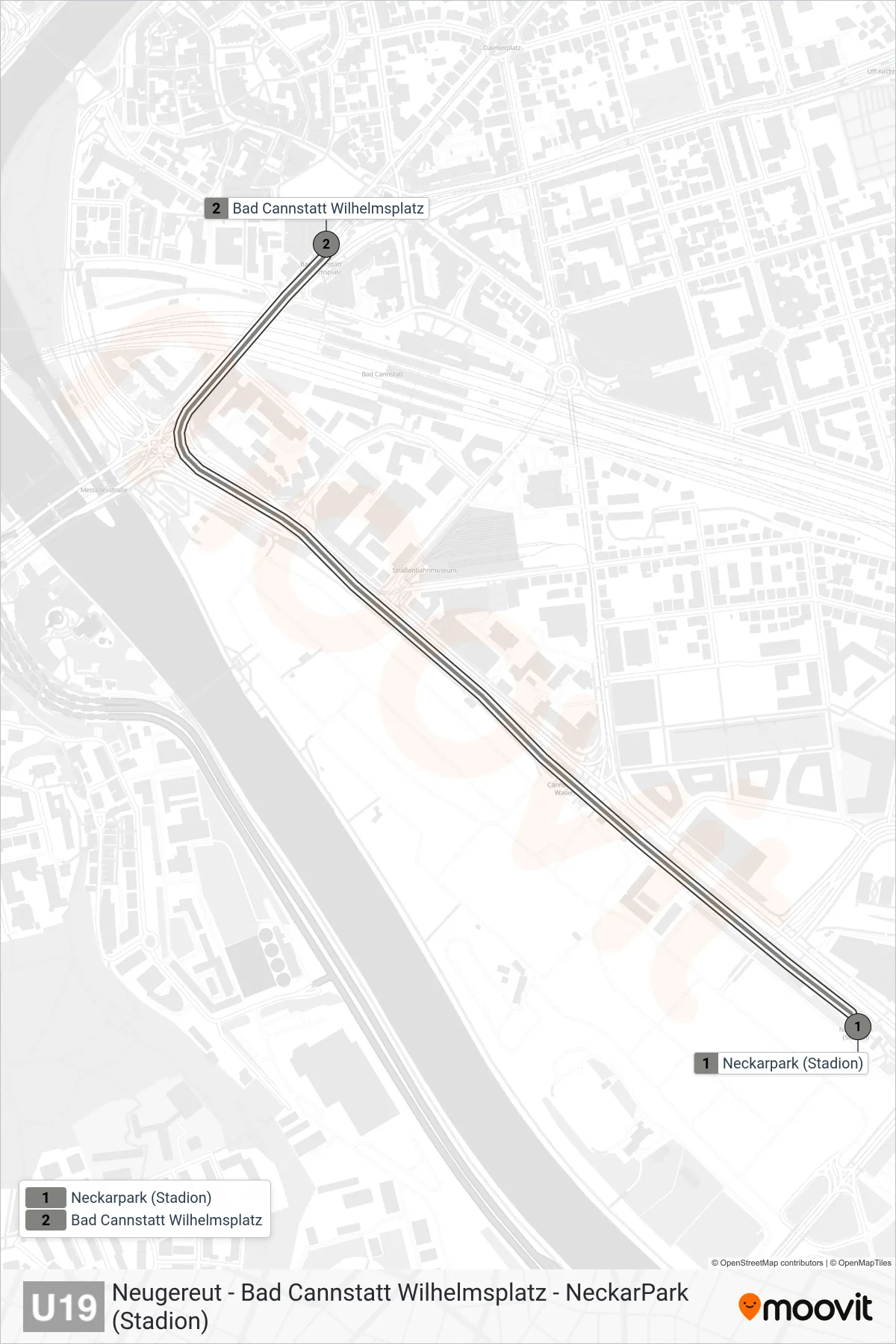 U19 subway Line (Bad Cannstatt Wilhelmsplatz) route and stops on a map