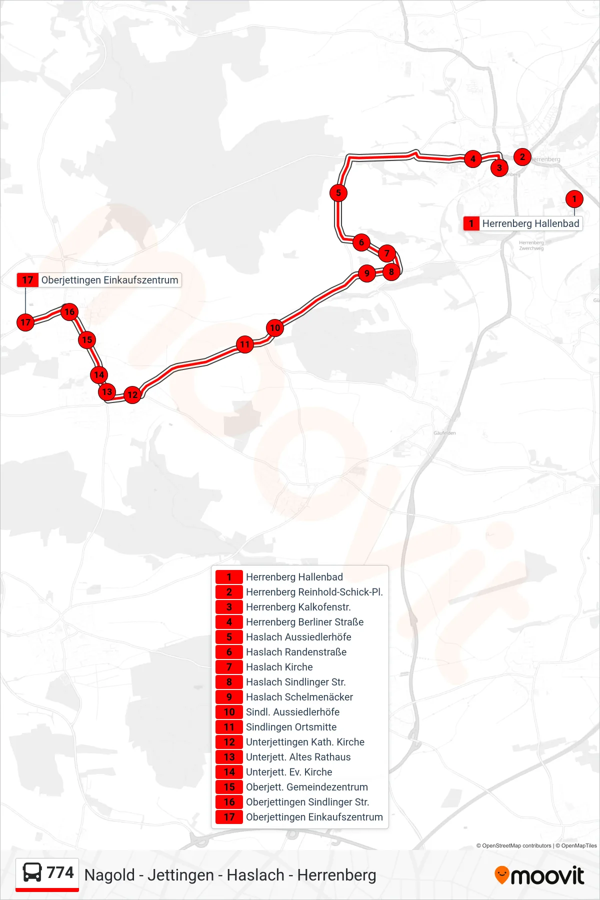 Linie 774 (Bus) Richtung Oberjettingen Einkaufszentrum: Route und Haltestellen auf der Karte