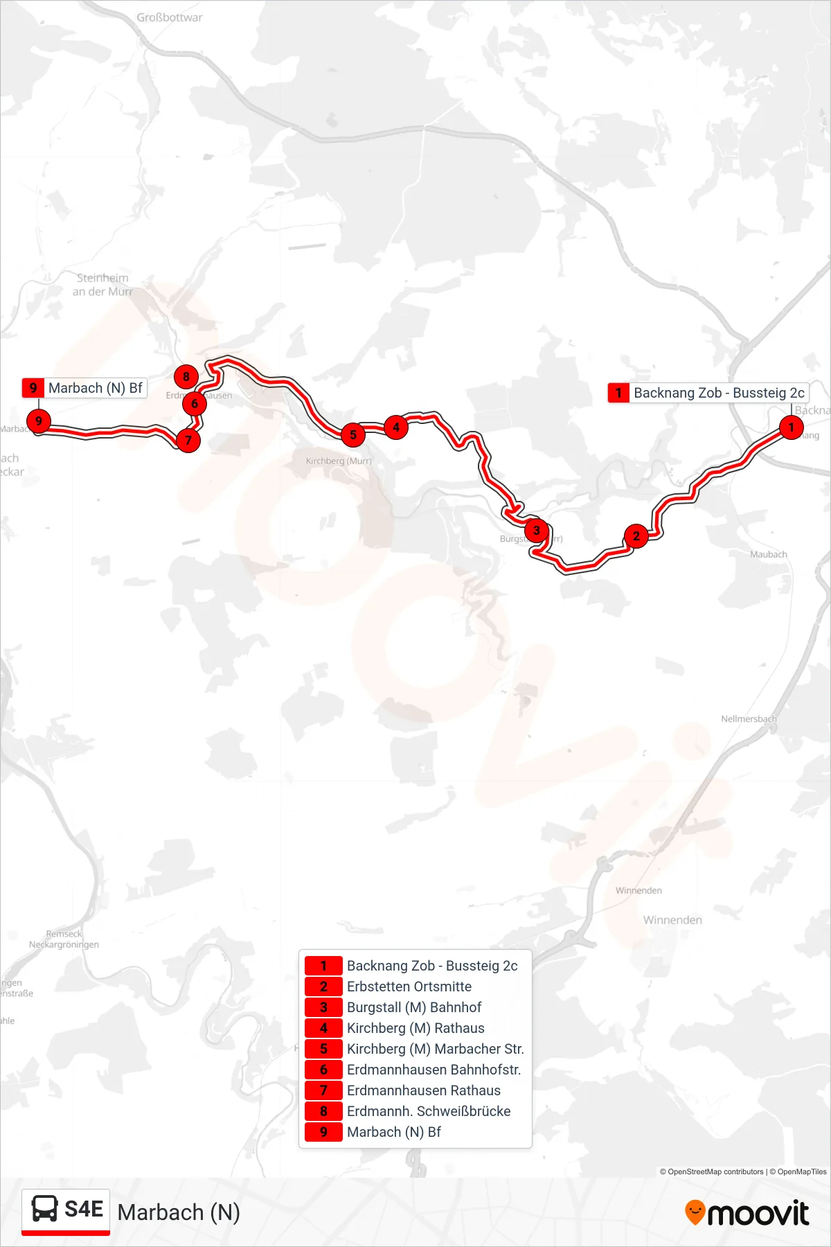 S4E bus Line (Marbach (N)) route and stops on a map