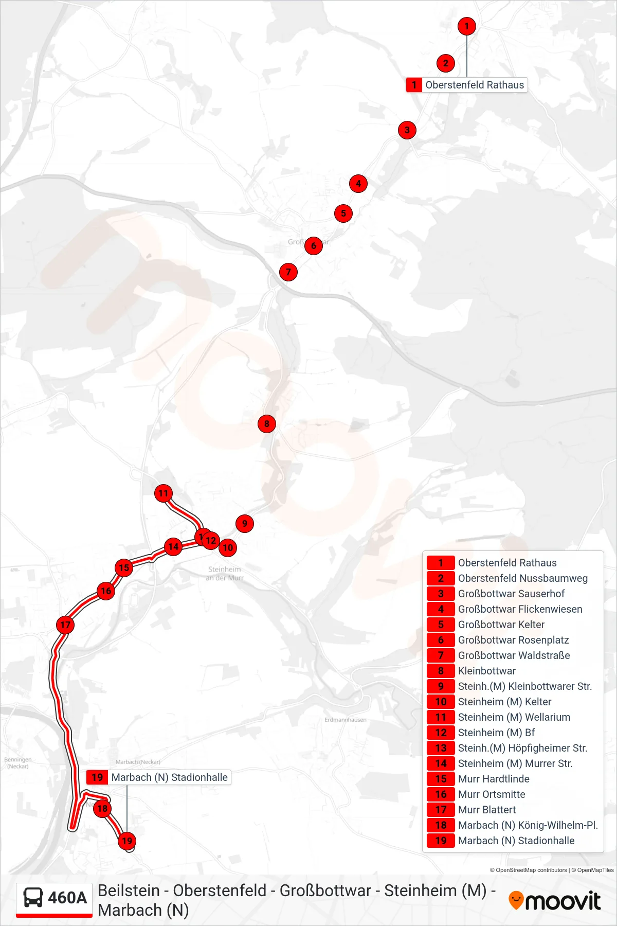 460A bus Line (Marbach (N) Stadionhalle) route and stops on a map