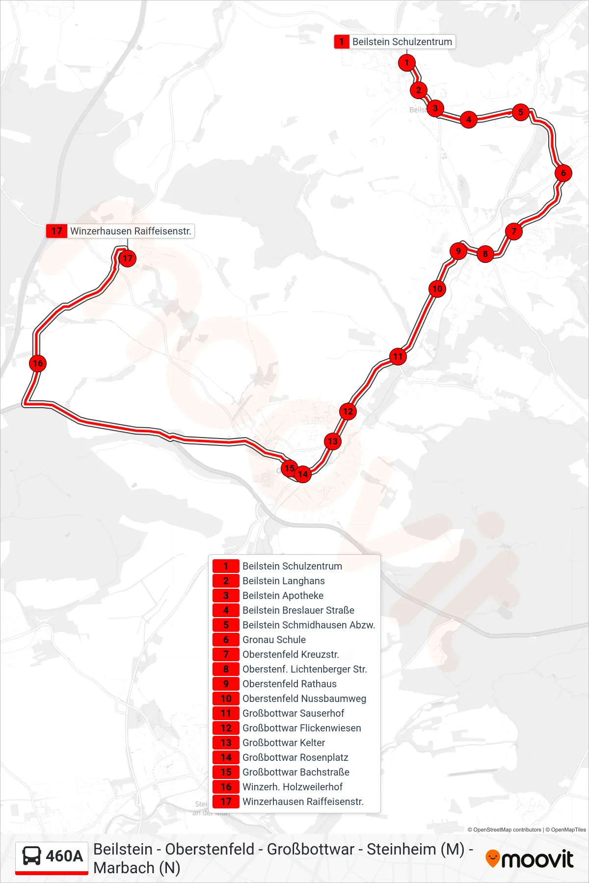 460A bus Line (Winzerhausen Raiffeisenstr.) route and stops on a map