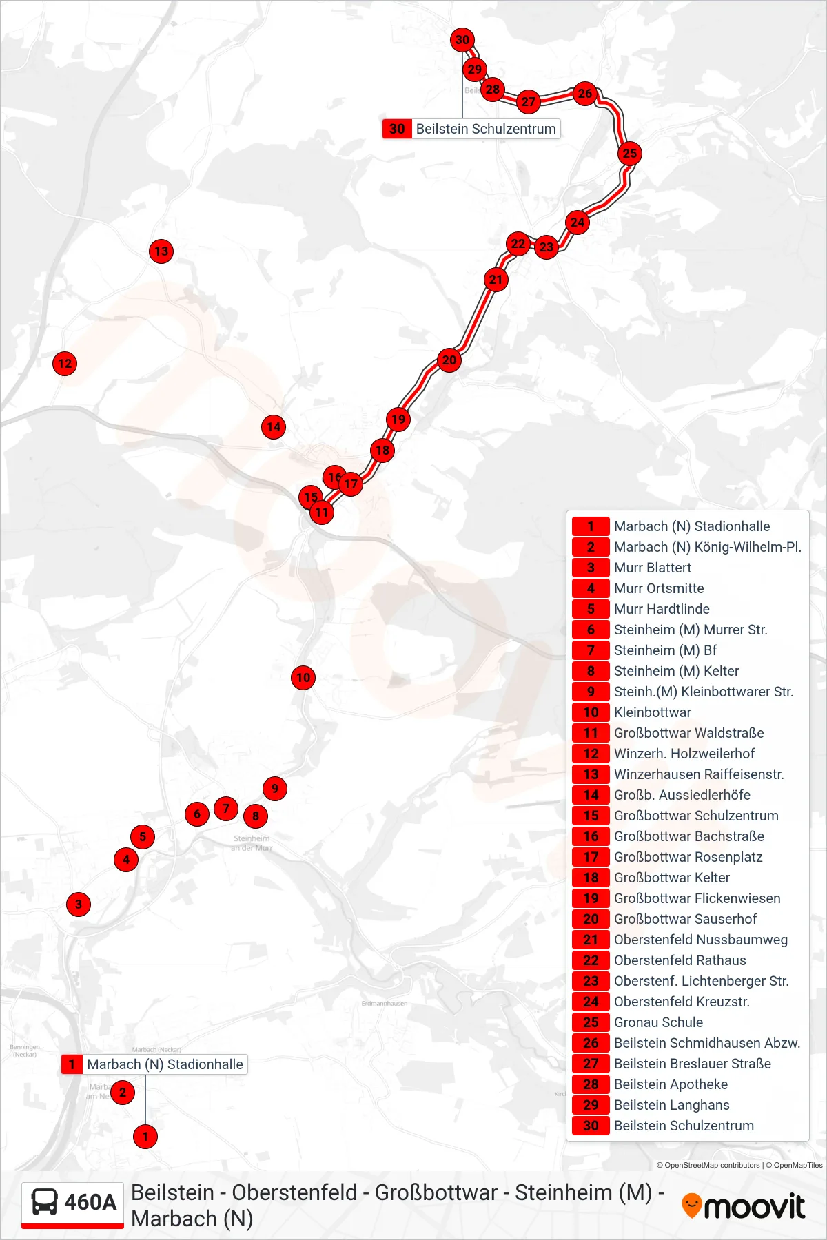 460A bus Line (Beilstein Schulzentrum) route and stops on a map