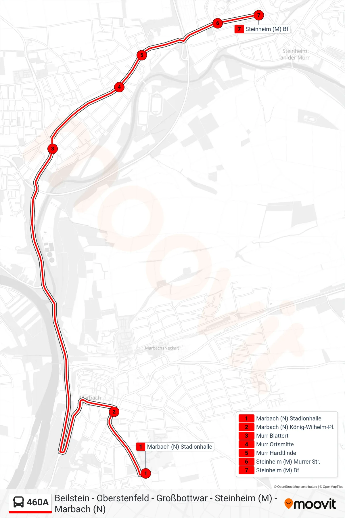 460A bus Line (Steinheim (M) Bf) route and stops on a map