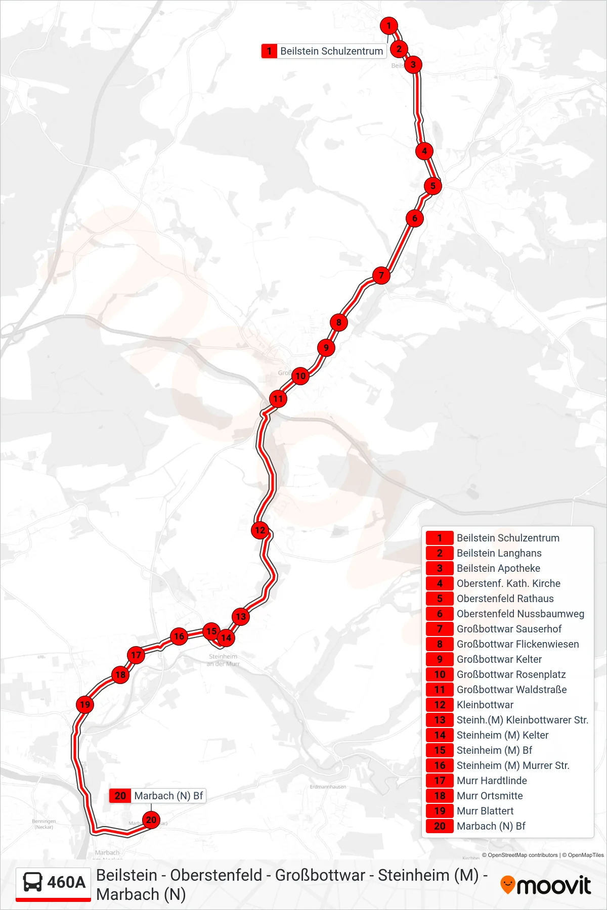 460A bus Line (Marbach (N) Bf) route and stops on a map