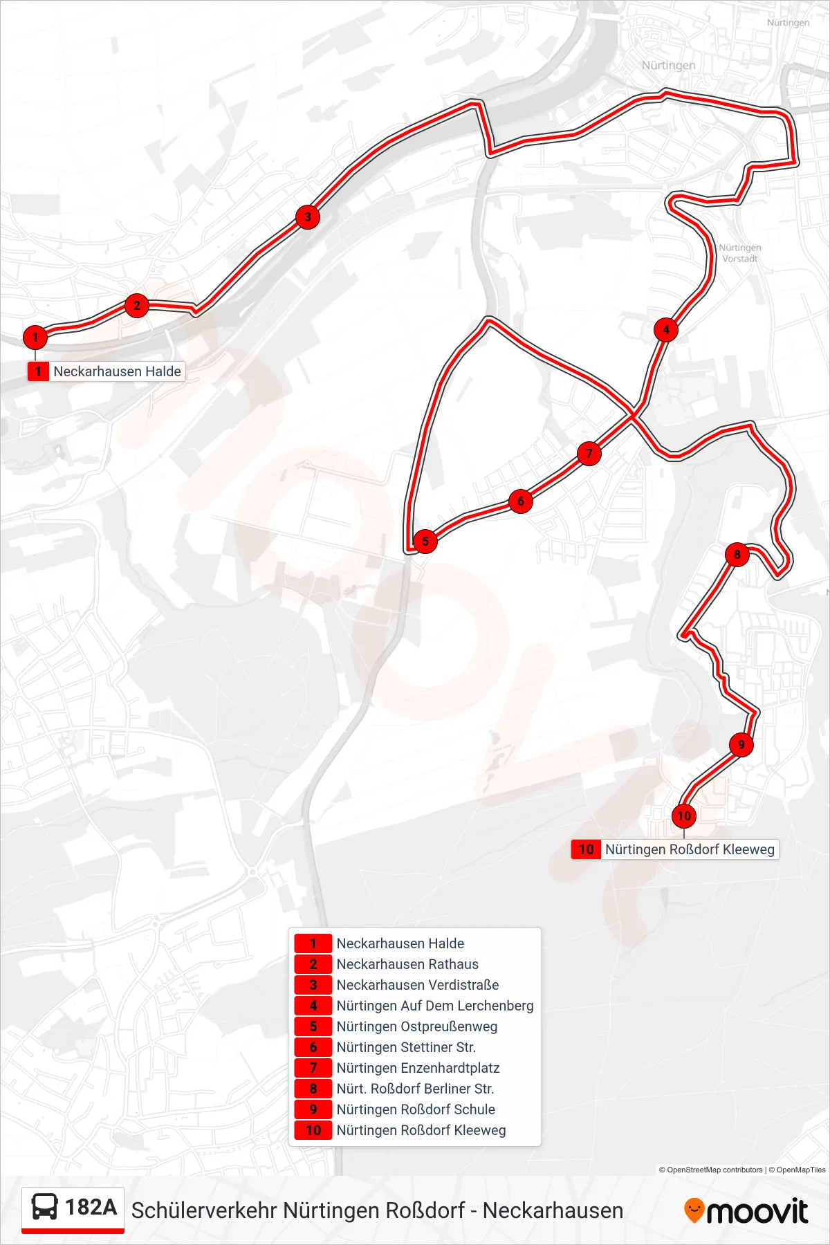Linie 182A (Bus) Richtung Nürtingen Roßdorf Kleeweg: Route und Haltestellen auf der Karte