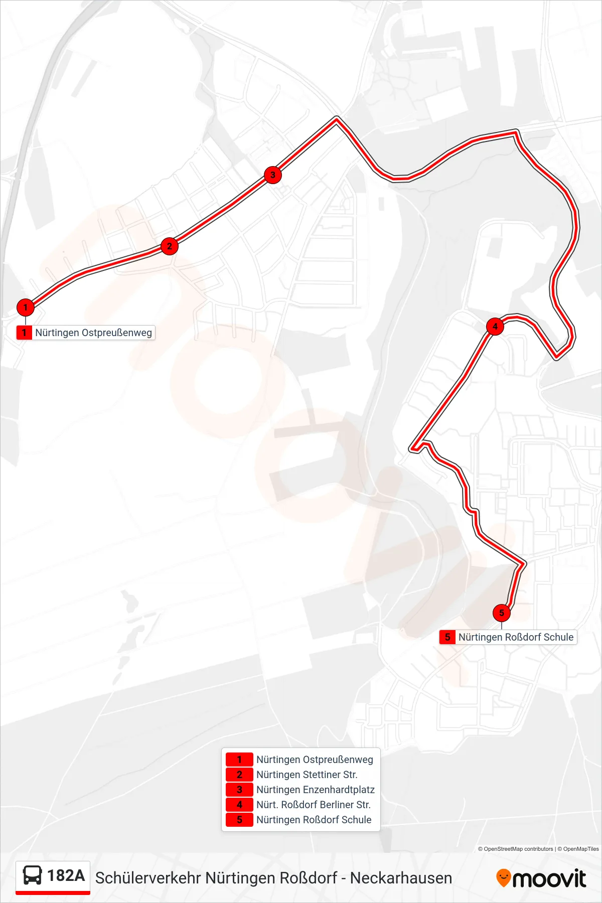 182A bus Line (Nürtingen Roßdorf Schule) route and stops on a map