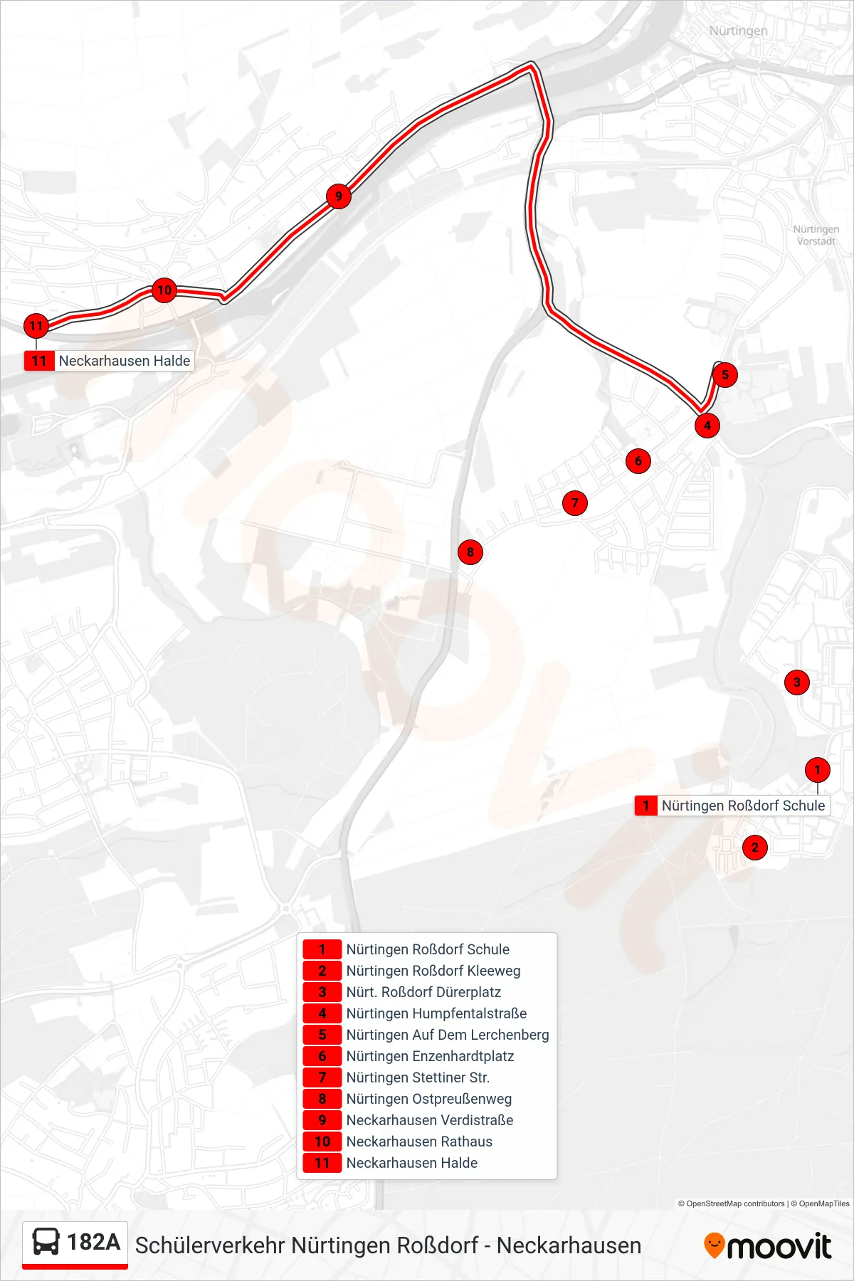 182A bus Line (Neckarhausen Halde) route and stops on a map