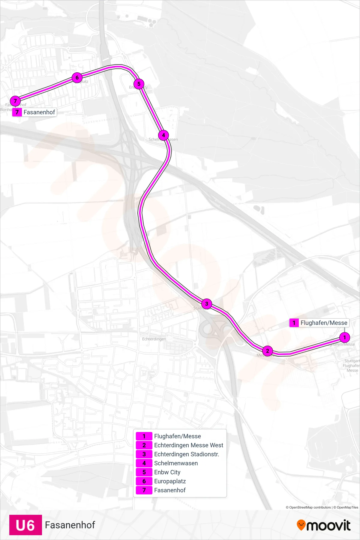 U6 subway Line (Fasanenhof) route and stops on a map