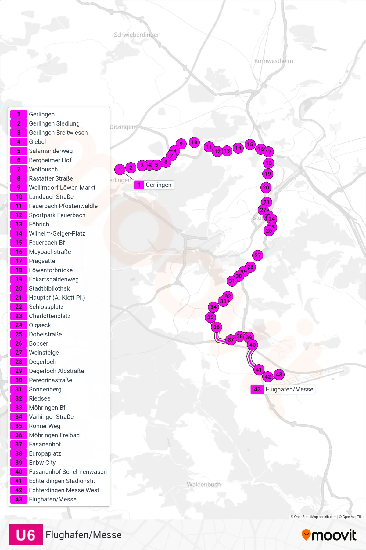 U6 subway Line (Flughafen/Messe) route and stops on a map