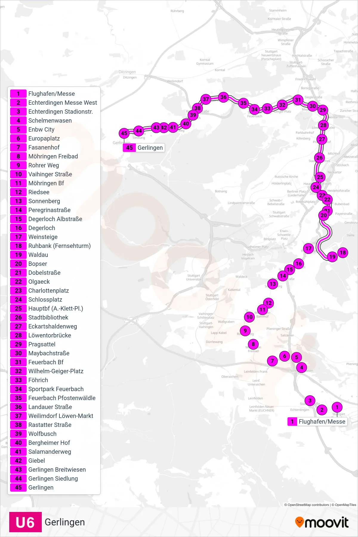 Linie U6 (U-Bahn) Richtung Gerlingen: Route und Haltestellen auf der Karte