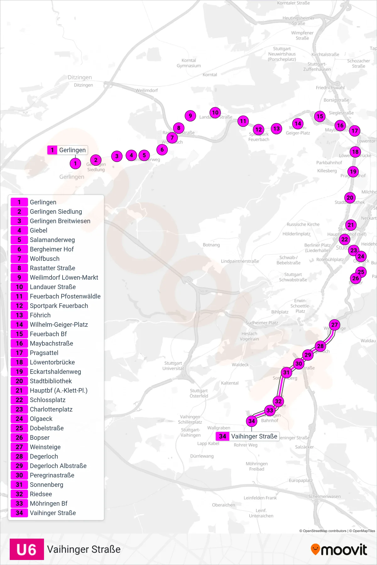 U6 subway Line (Vaihinger Straße) route and stops on a map