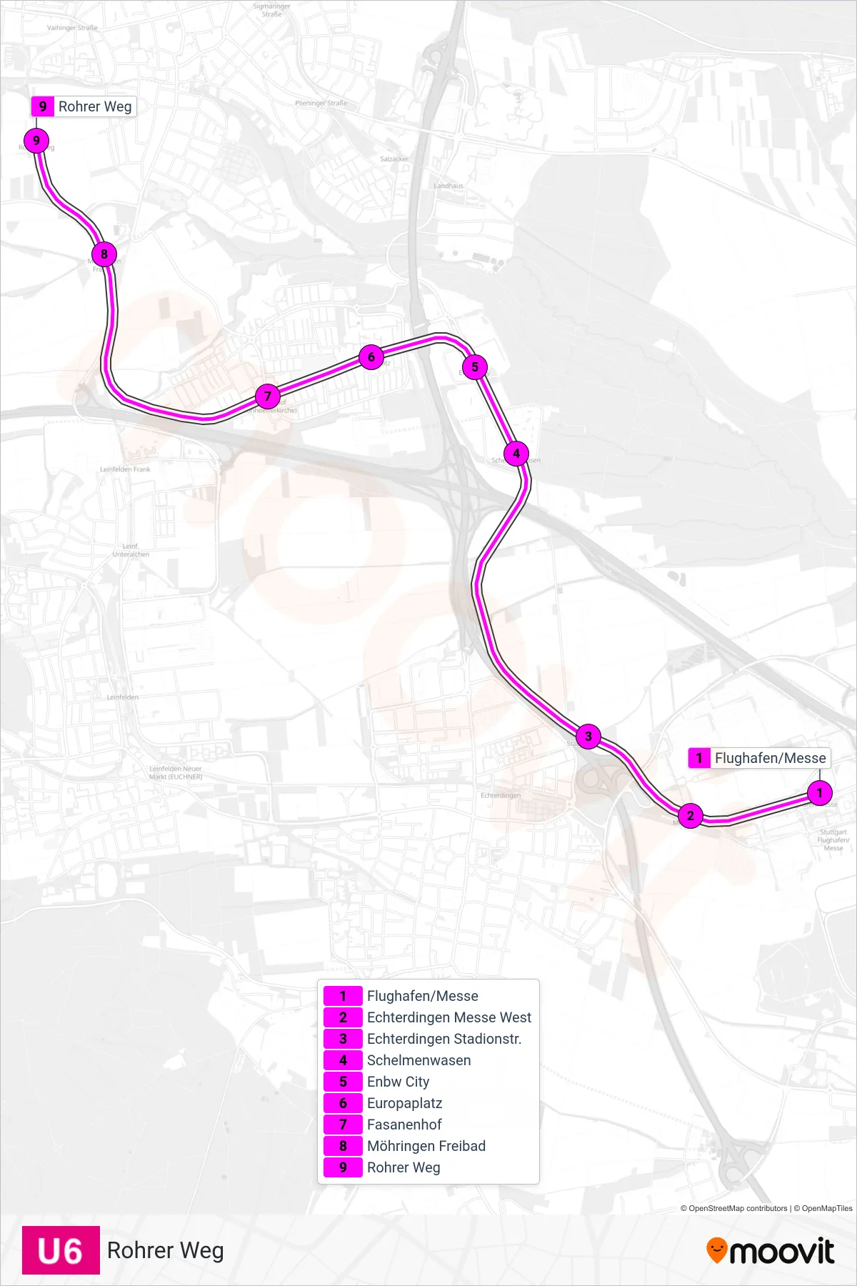 U6 subway Line (Rohrer Weg) route and stops on a map
