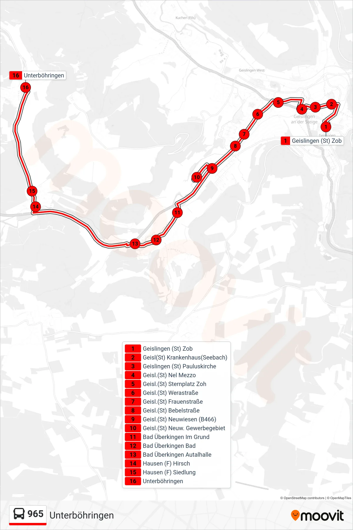 Linie 965 (Bus) Richtung Unterböhringen: Route und Haltestellen auf der Karte