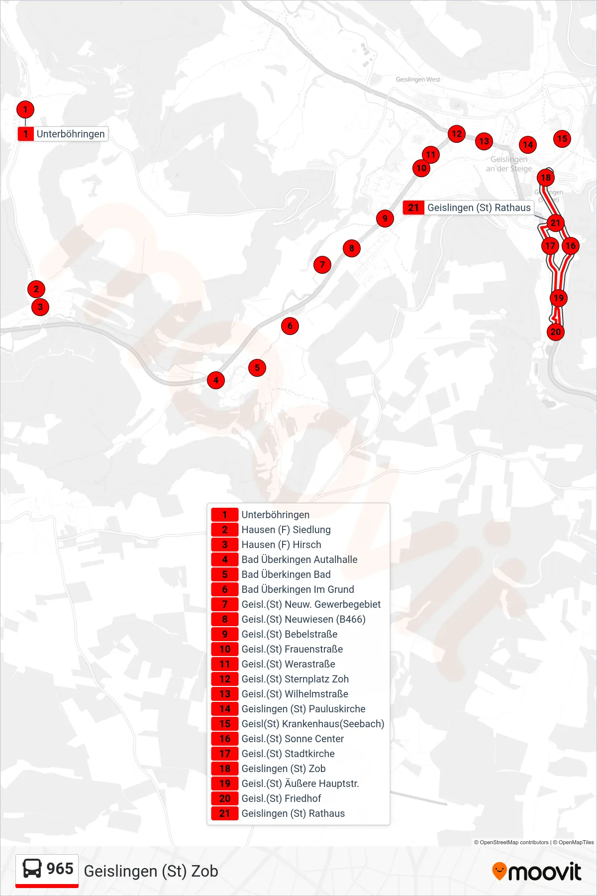 965 bus Line (Geislingen (St) Zob) route and stops on a map