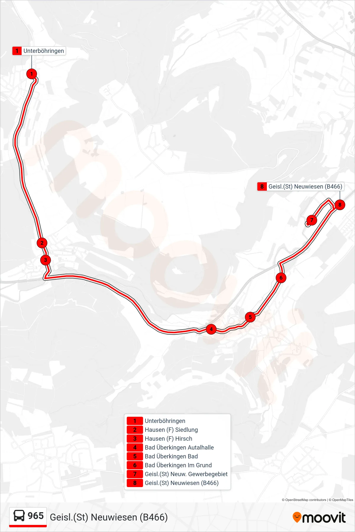 965 bus Line (Geisl.(St) Neuwiesen (B466)) route and stops on a map