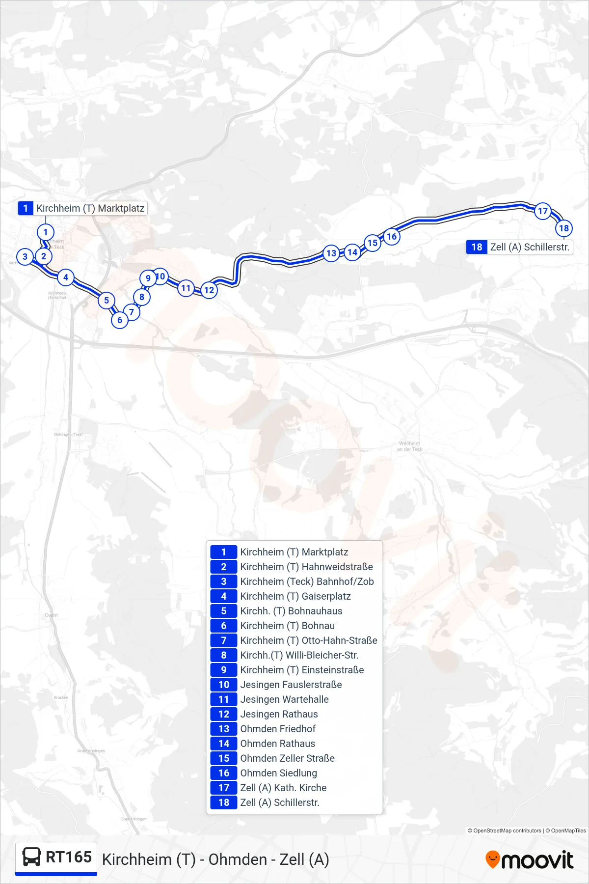RT165 bus Line (Zell (A) Schillerstr.) route and stops on a map