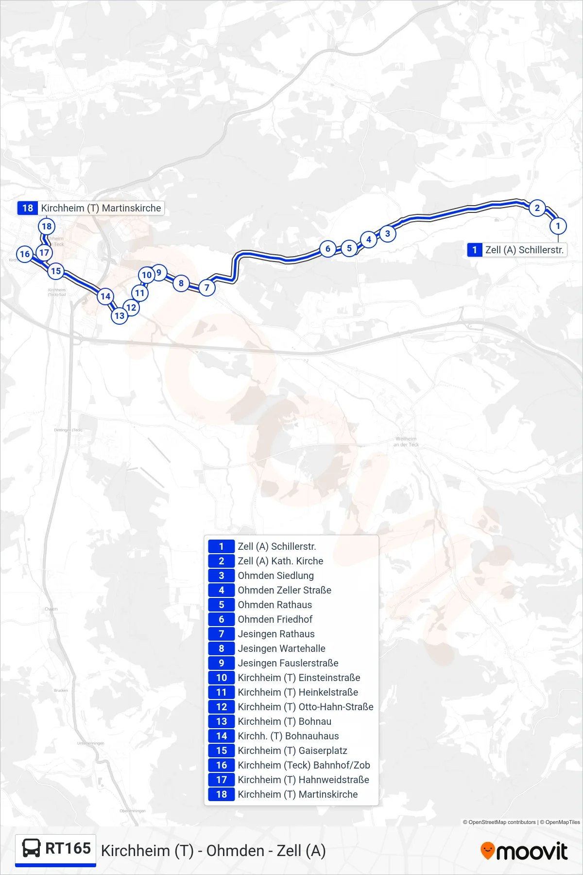 RT165 bus Line (Kirchheim (T) Martinskirche) route and stops on a map