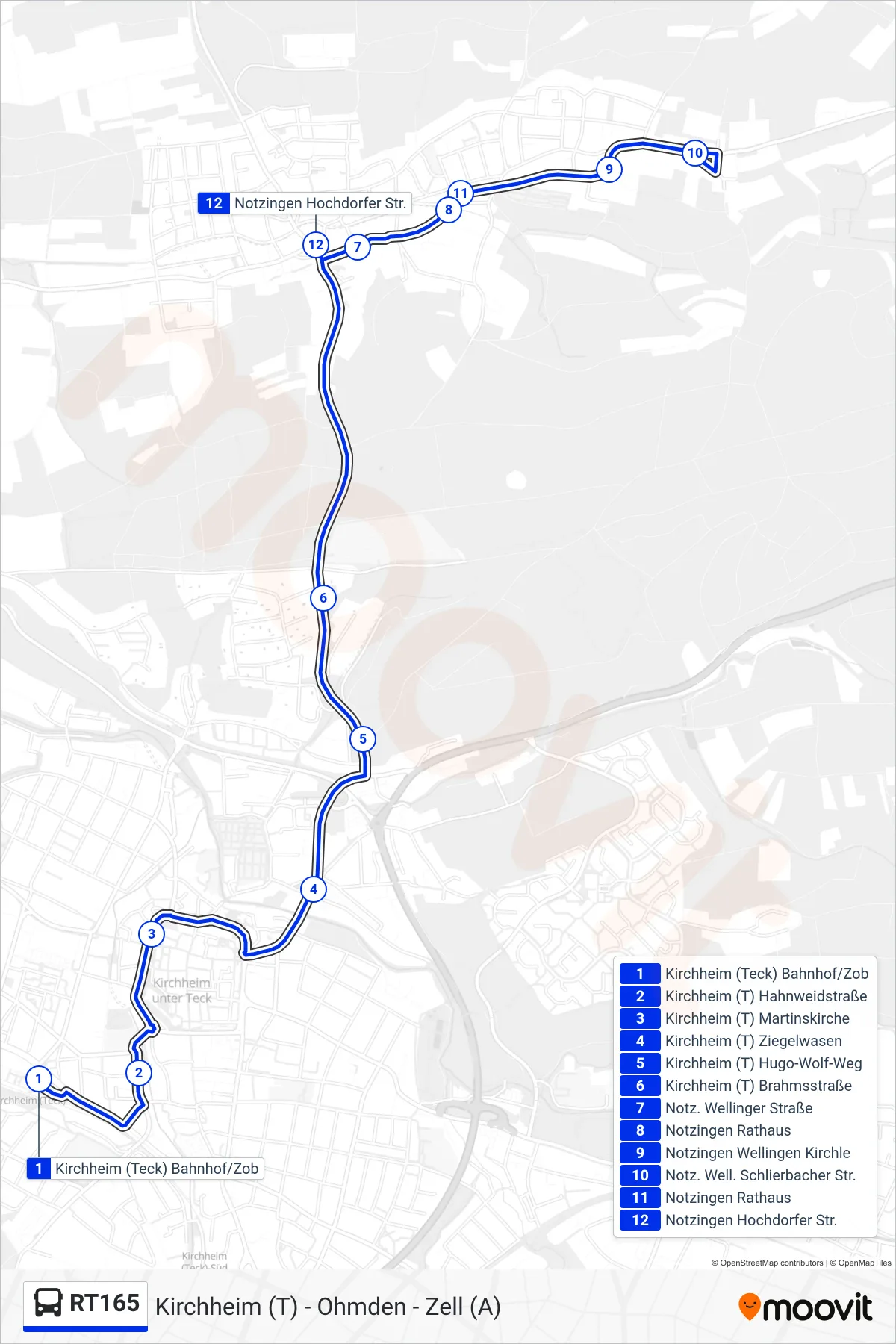 Linie RT165 (Bus) Richtung Notzingen Hochdorfer Str.: Route und Haltestellen auf der Karte