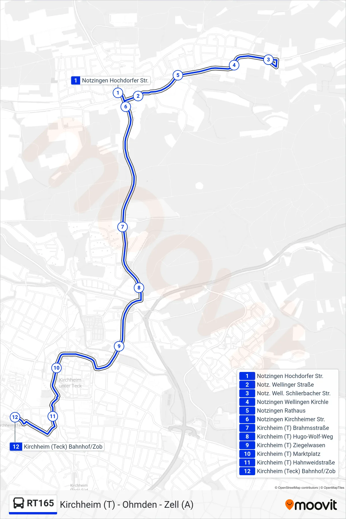 RT165 bus Line (Kirchheim (T) Zob) route and stops on a map