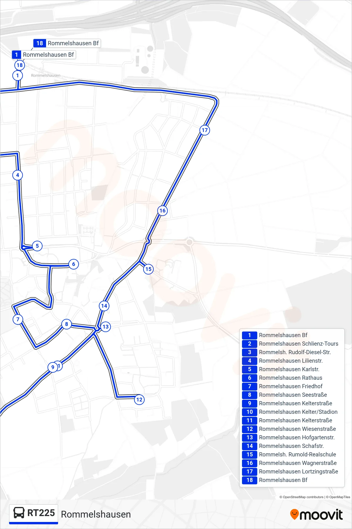 RT225 bus Line (Rommelshausen) route and stops on a map