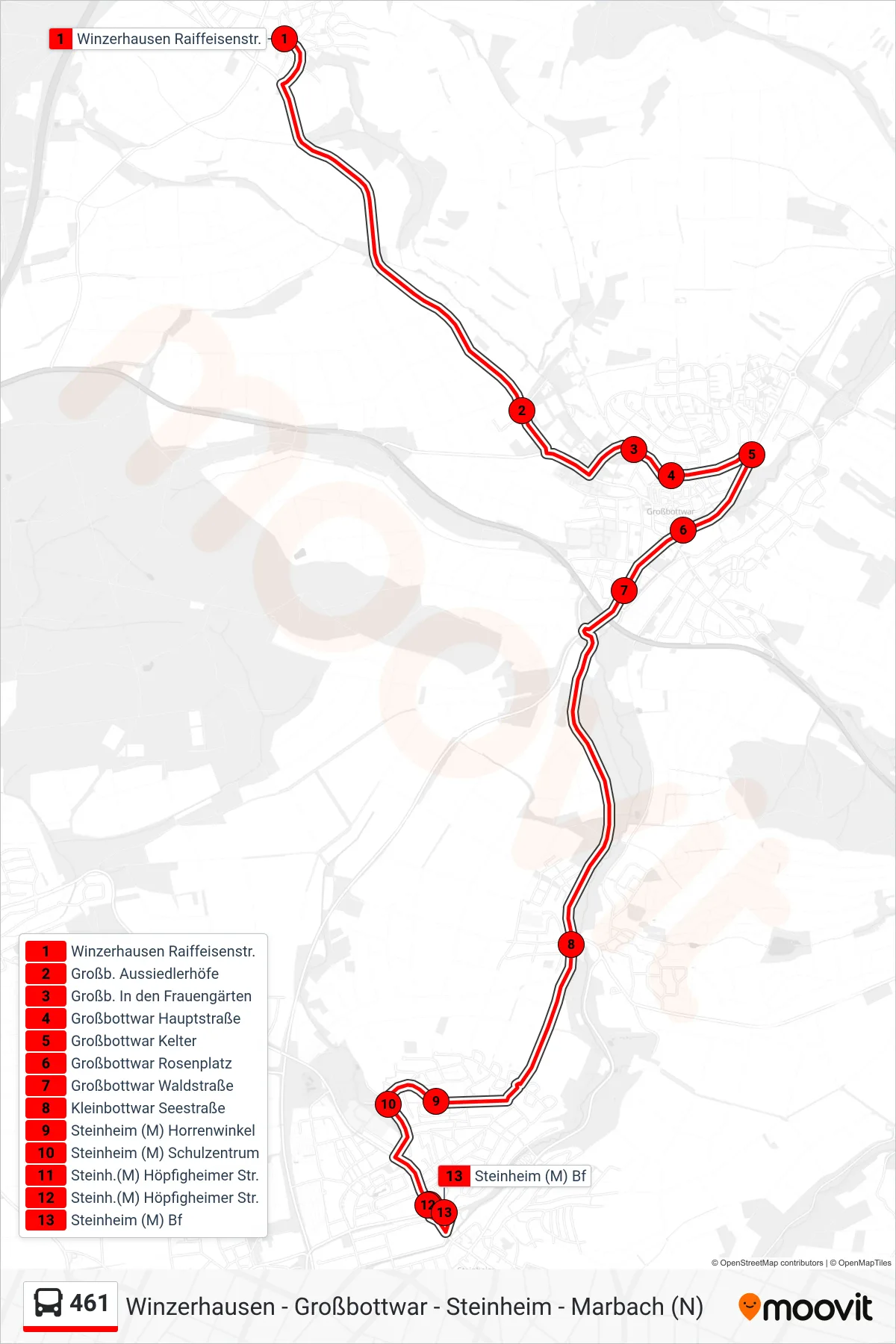 461 bus Line (Steinheim (M) Bf) route and stops on a map