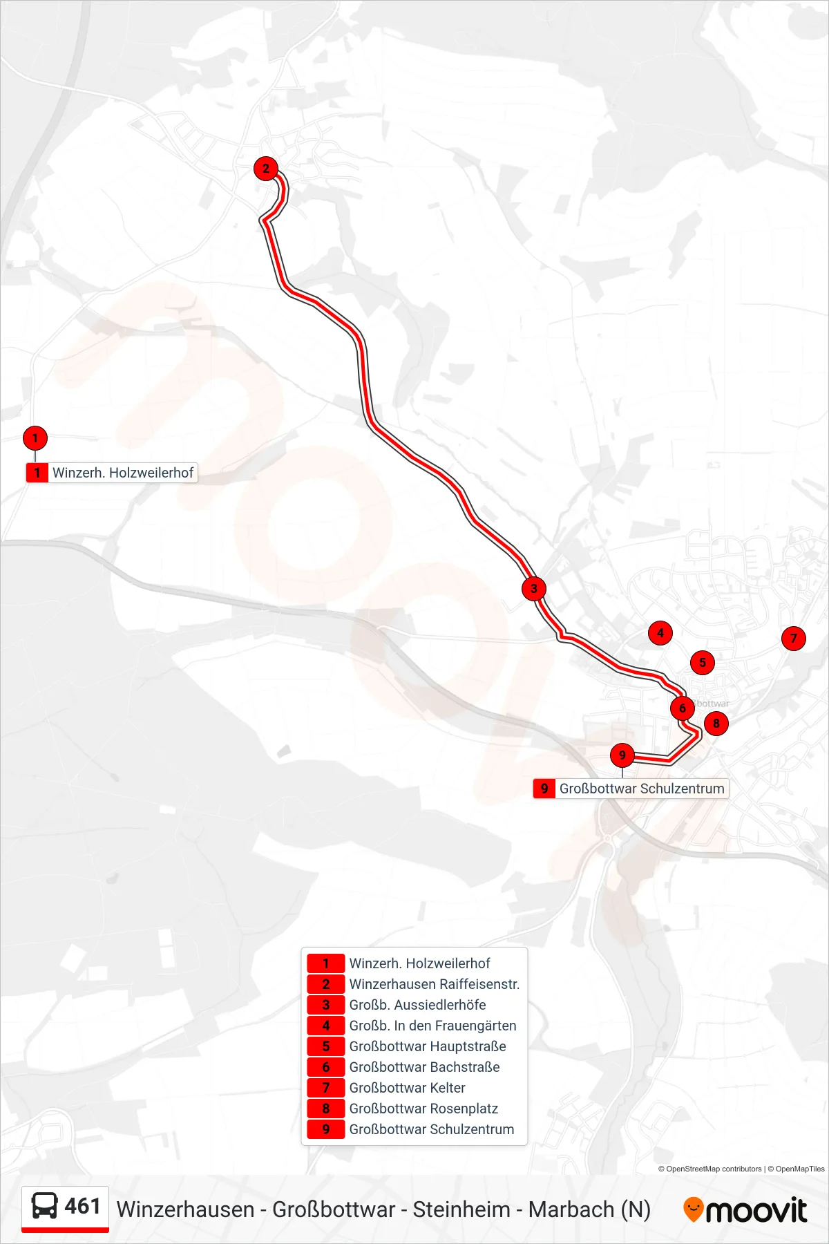 461 bus Line (Großbottwar Schulzentrum) route and stops on a map