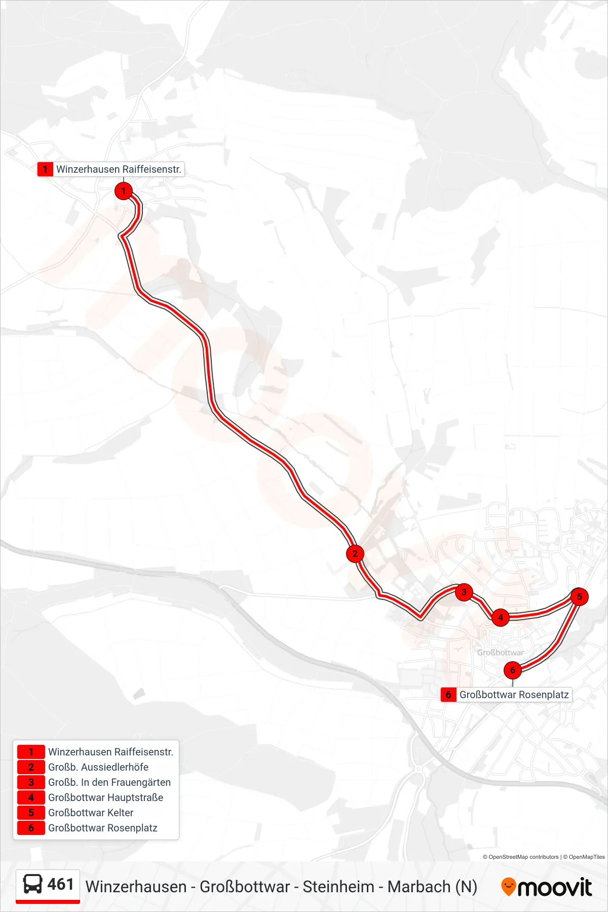 461 bus Line (Großbottwar Rosenplatz) route and stops on a map