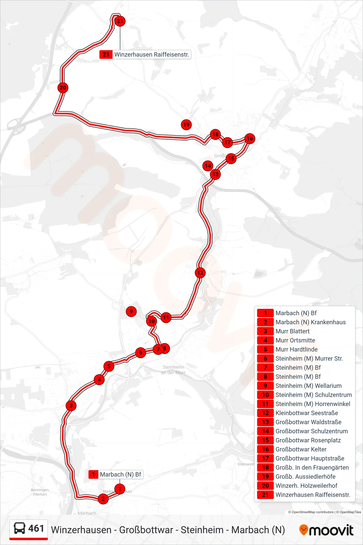461 bus Line (Winzerhausen Raiffeisenstr.) route and stops on a map