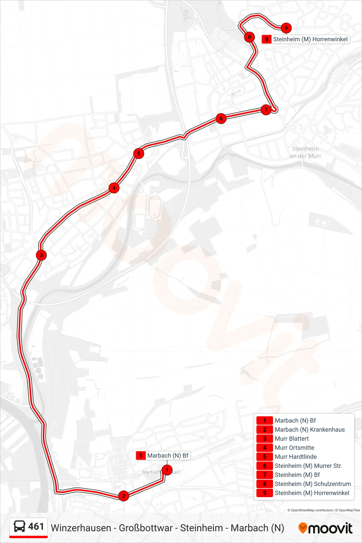 461 bus Line (Steinheim (M) Horrenwinkel) route and stops on a map