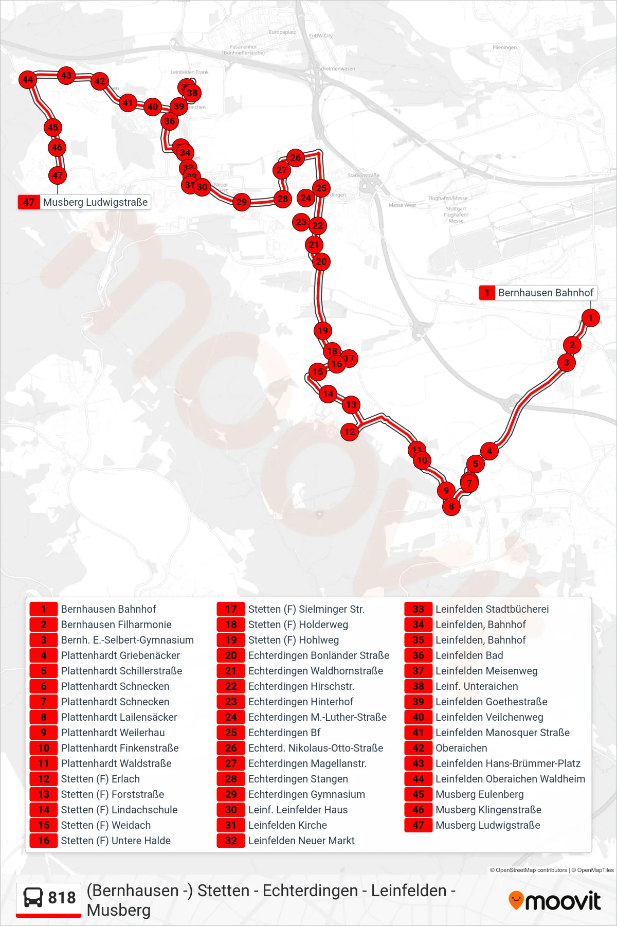 Linie 818 (Bus) Richtung Musberg Ludwigstraße: Route und Haltestellen auf der Karte