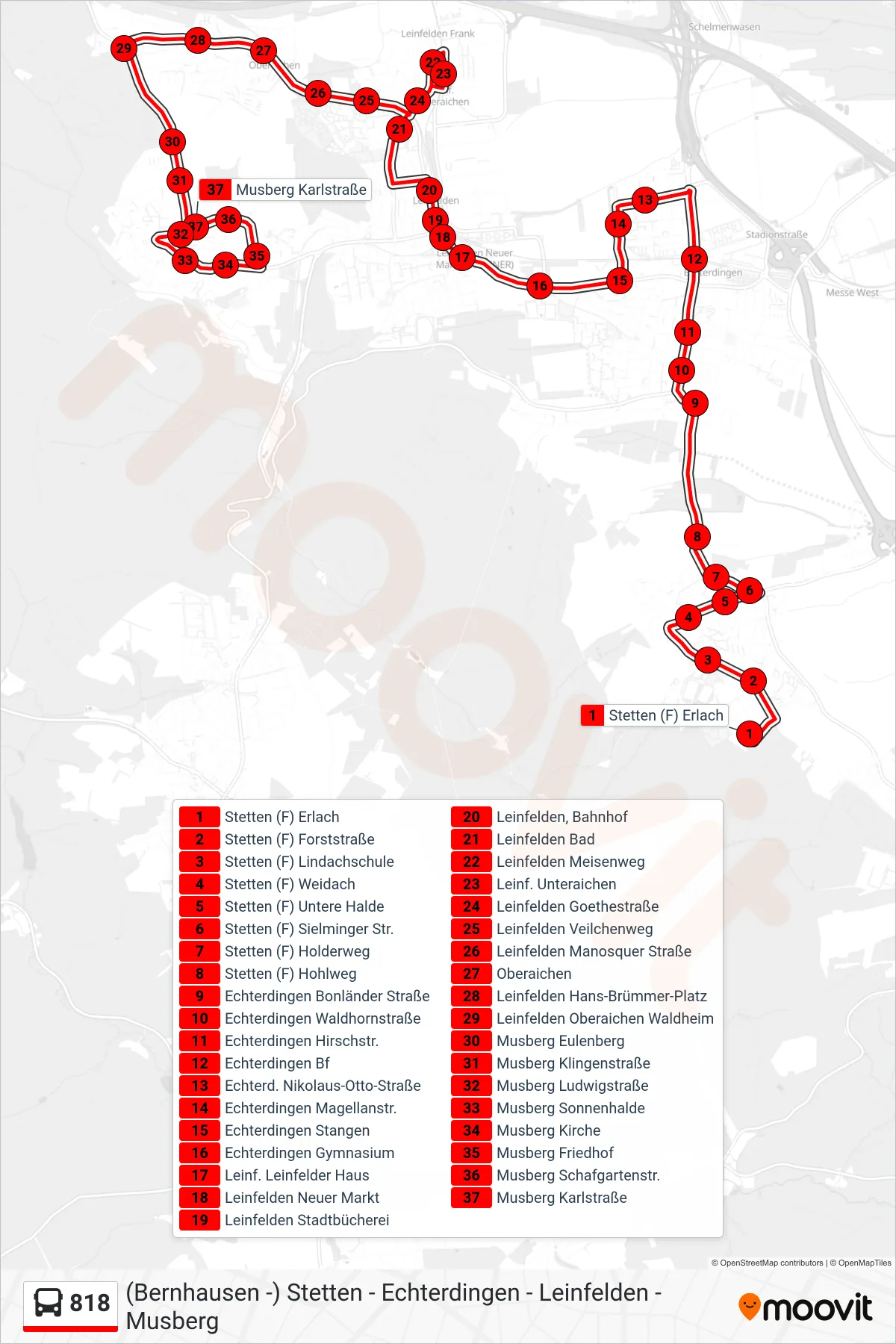 818 bus Line (Musberg Karlstraße) route and stops on a map