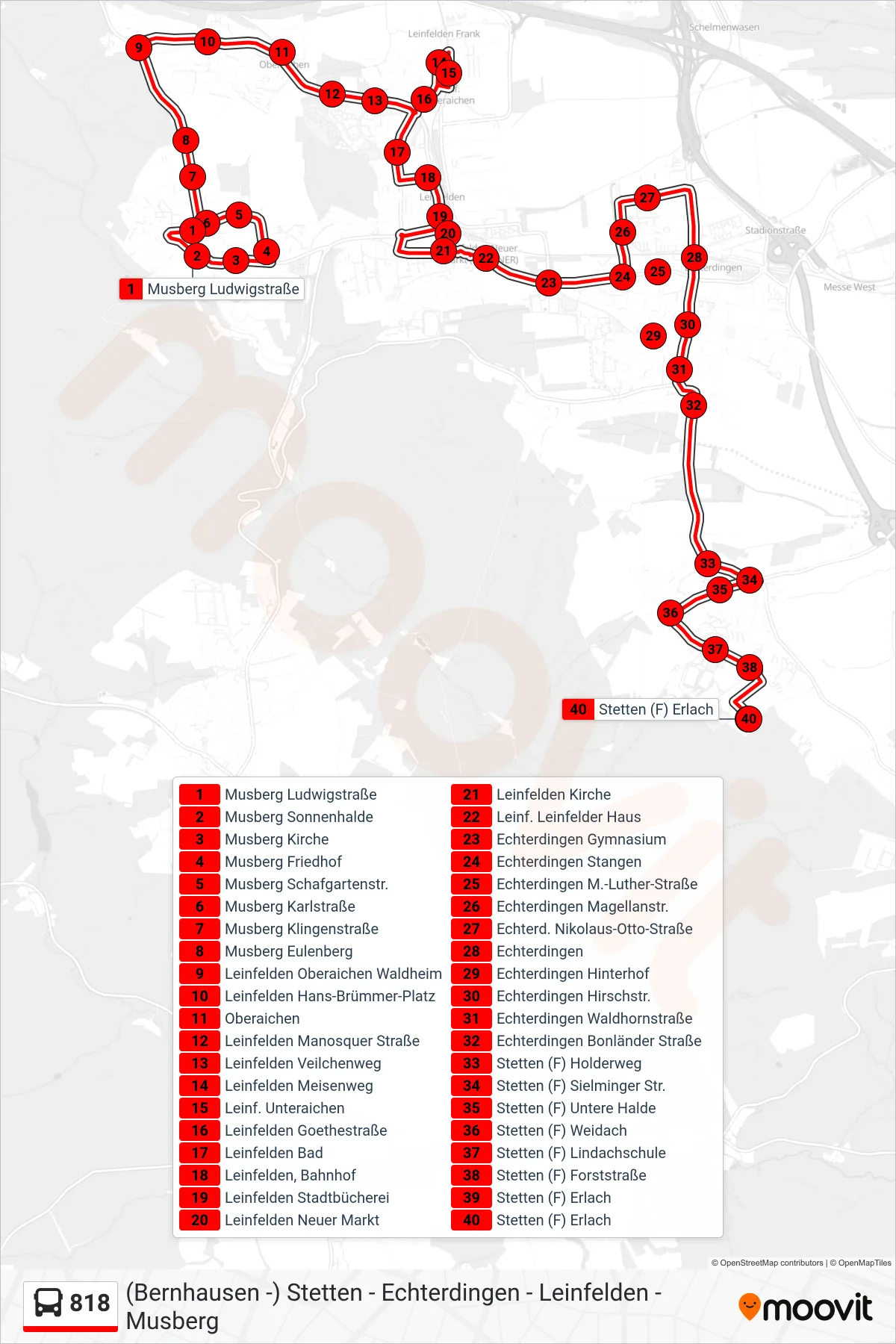 818 bus Line (Stetten (F) Erlach) route and stops on a map