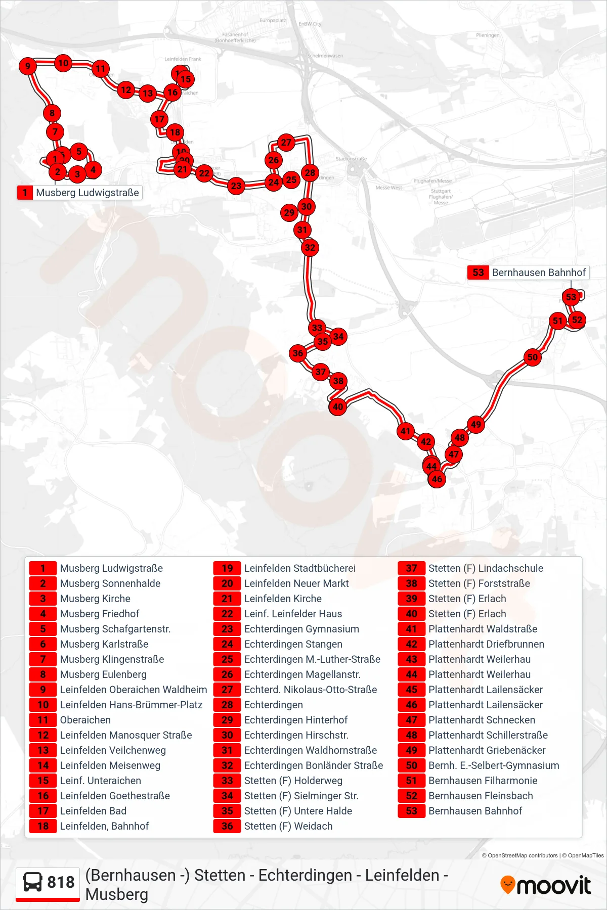 818 bus Line (Bernhausen Bahnhof) route and stops on a map