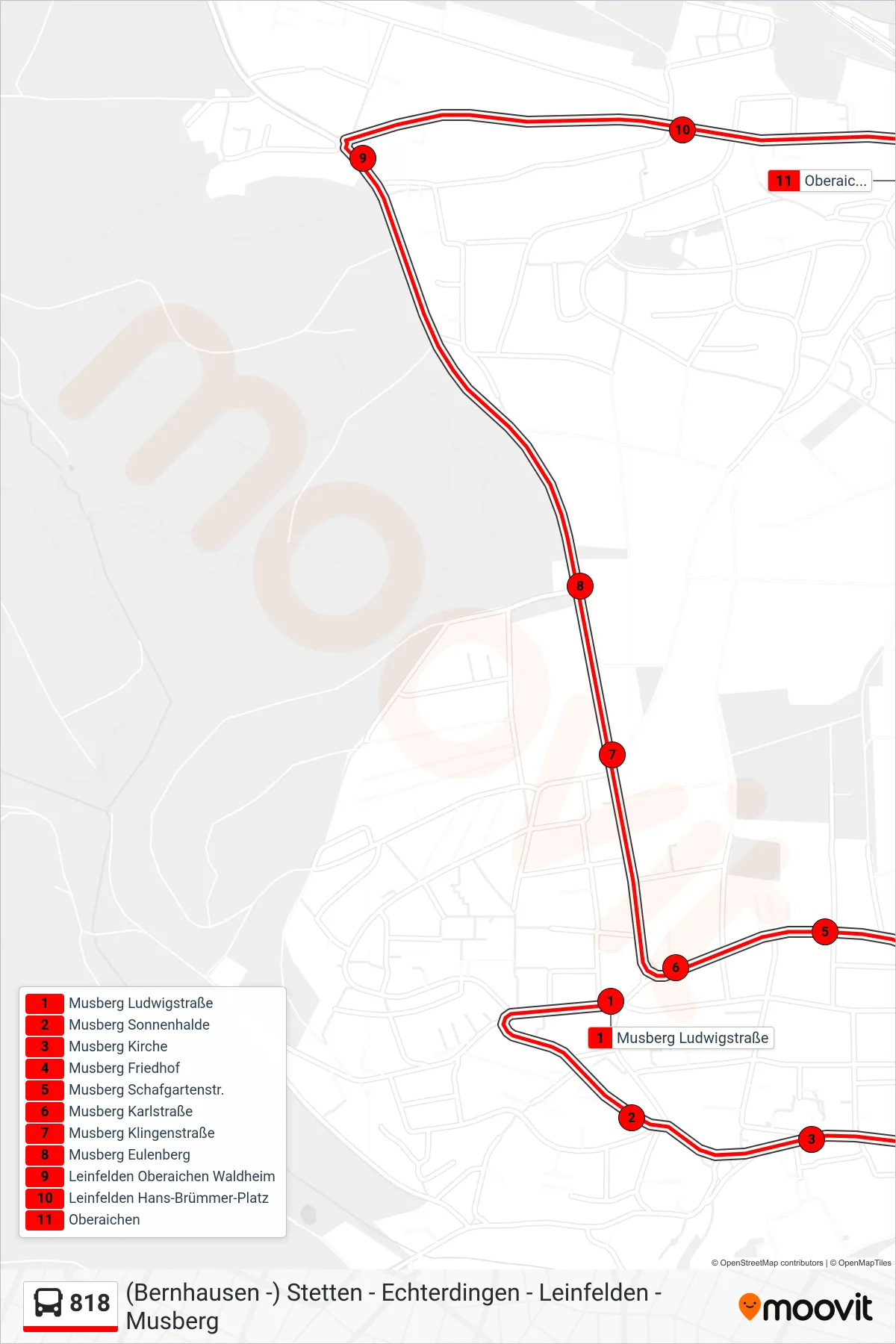 818 bus Line (Oberaichen) route and stops on a map