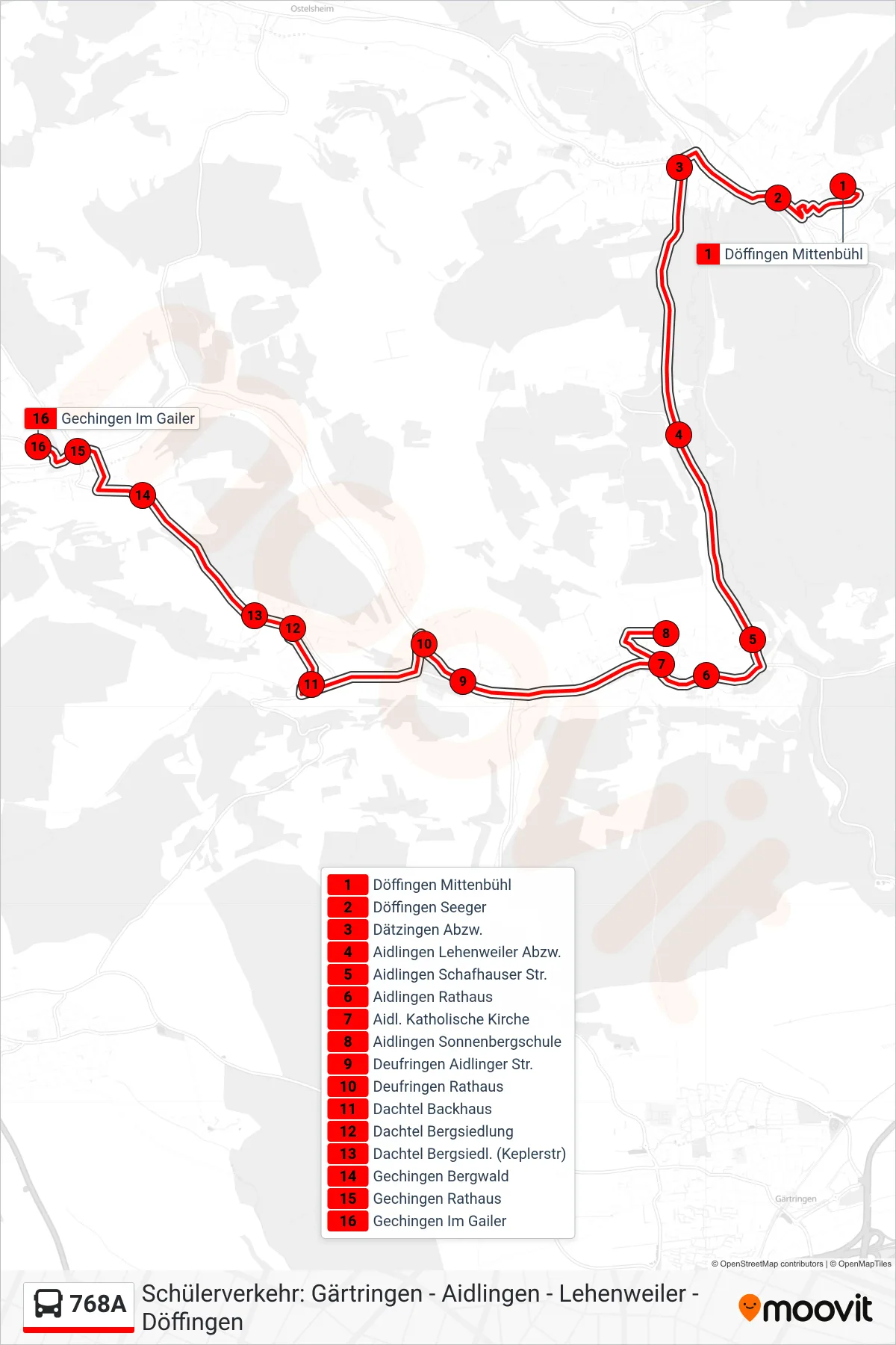 768A bus Line (Gechingen Im Gailer) route and stops on a map
