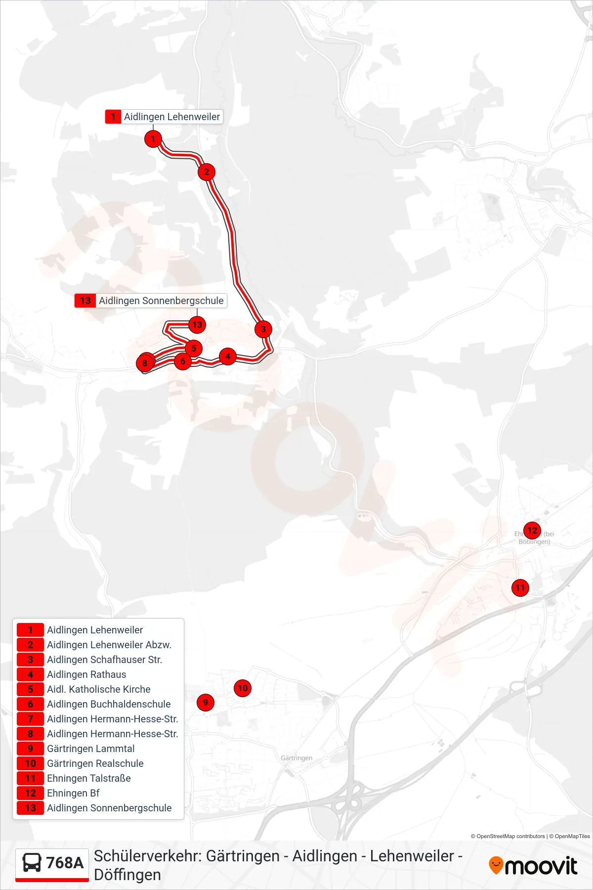 768A bus Line (Aidlingen Sonnenbergschule) route and stops on a map