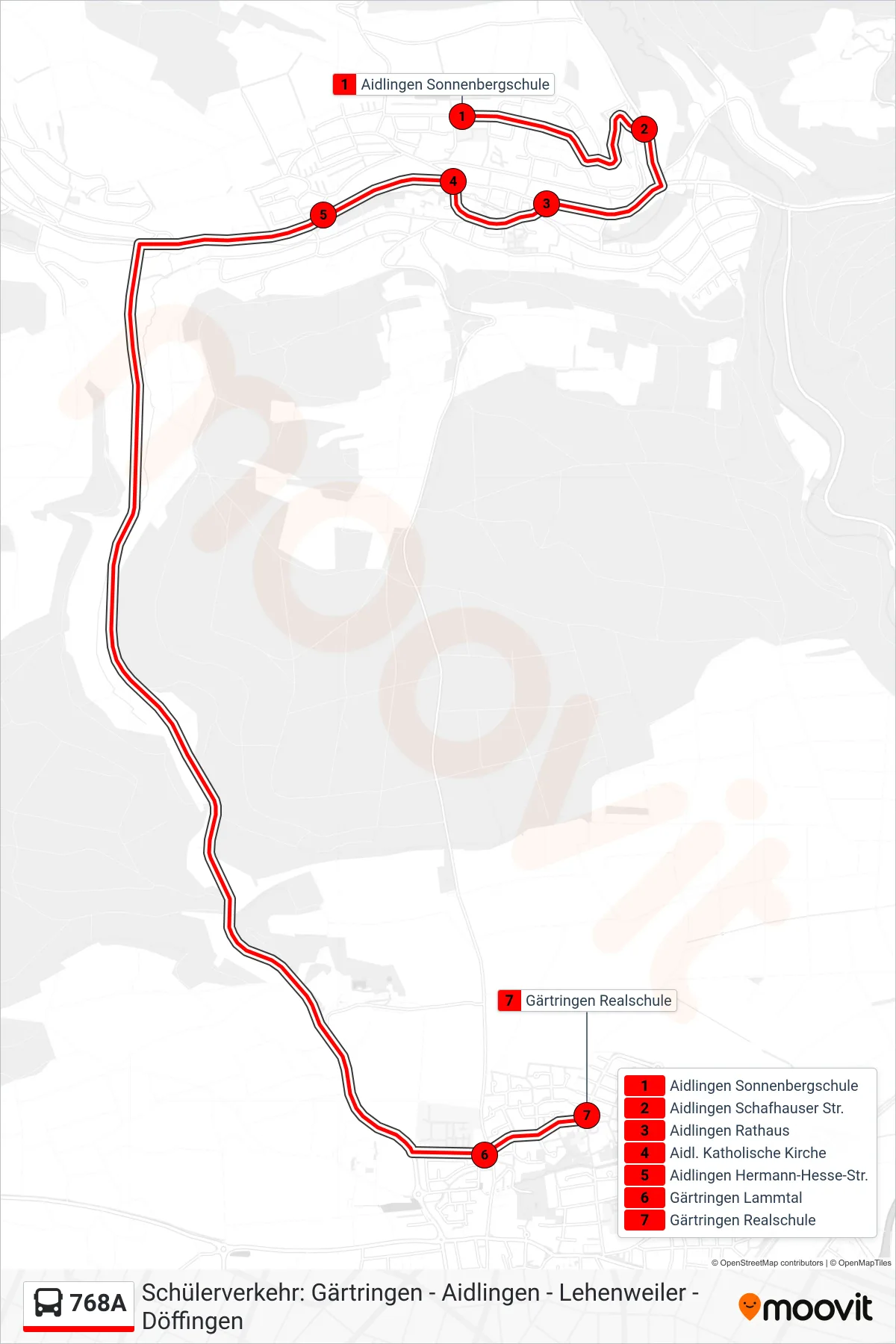 768A bus Line (Gärtringen Realschule) route and stops on a map