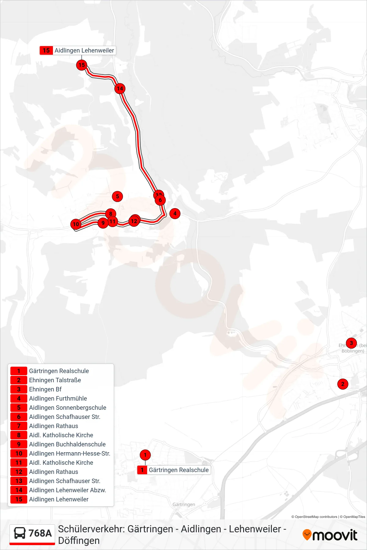 768A bus Line (Aidlingen Lehenweiler) route and stops on a map
