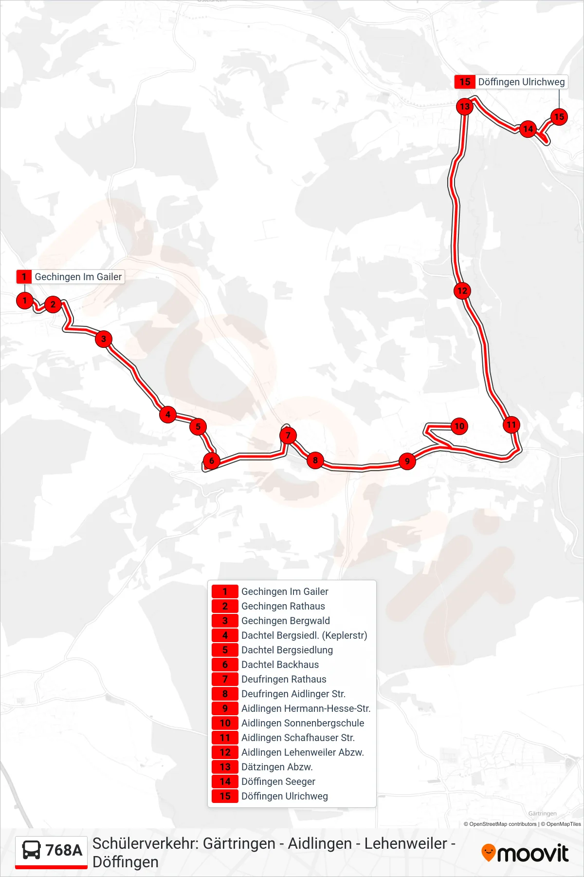 Linie 768A (Bus) Richtung Döffingen Ulrichweg: Route und Haltestellen auf der Karte