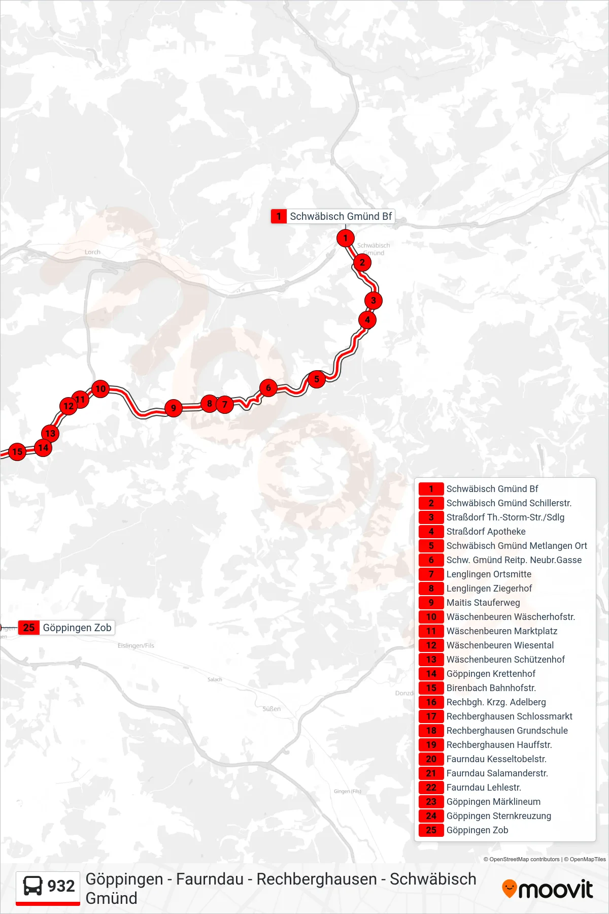 932 bus Line (Göppingen Zob) route and stops on a map