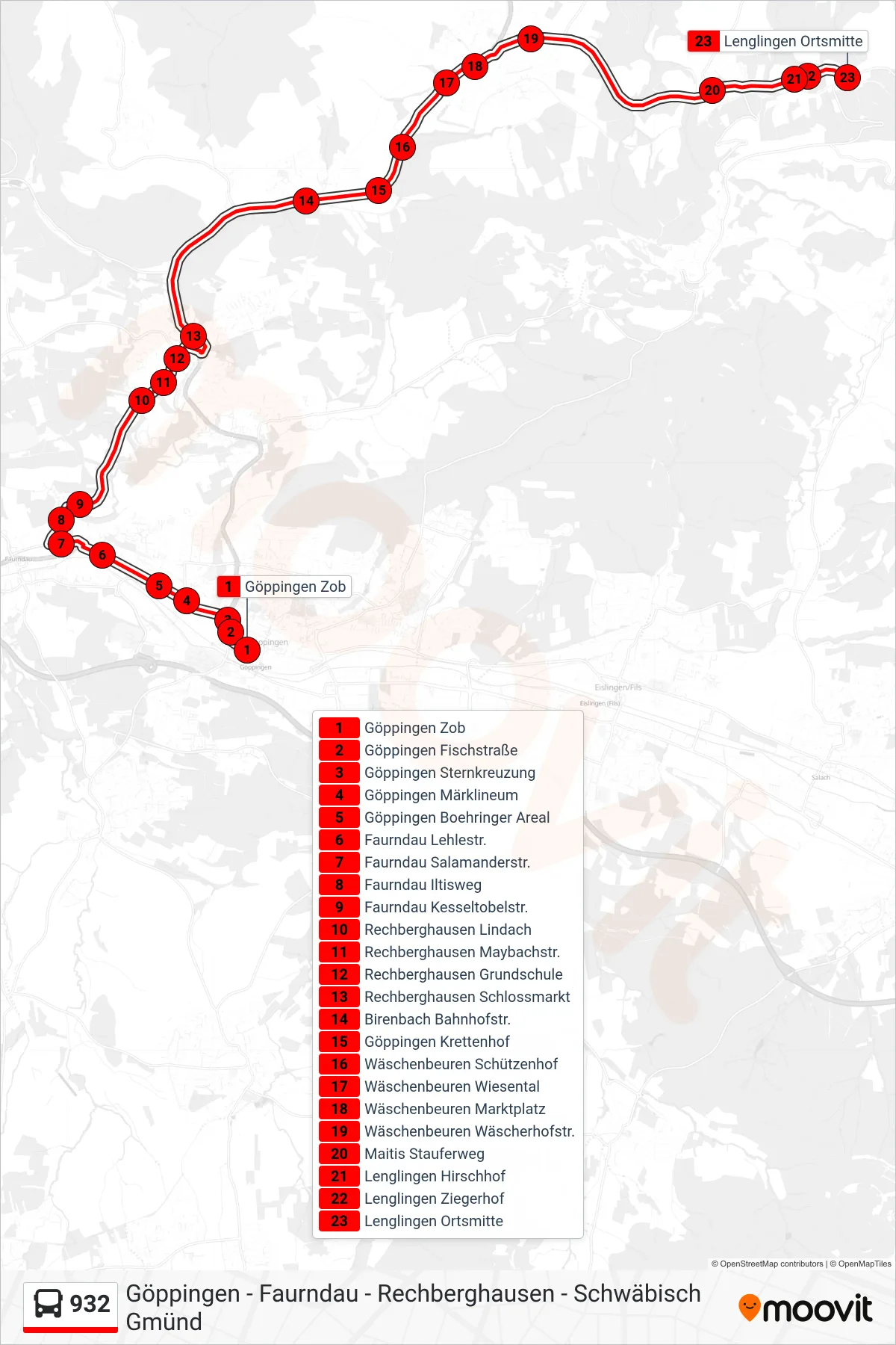 932 bus Line (Lenglingen Ortsmitte) route and stops on a map