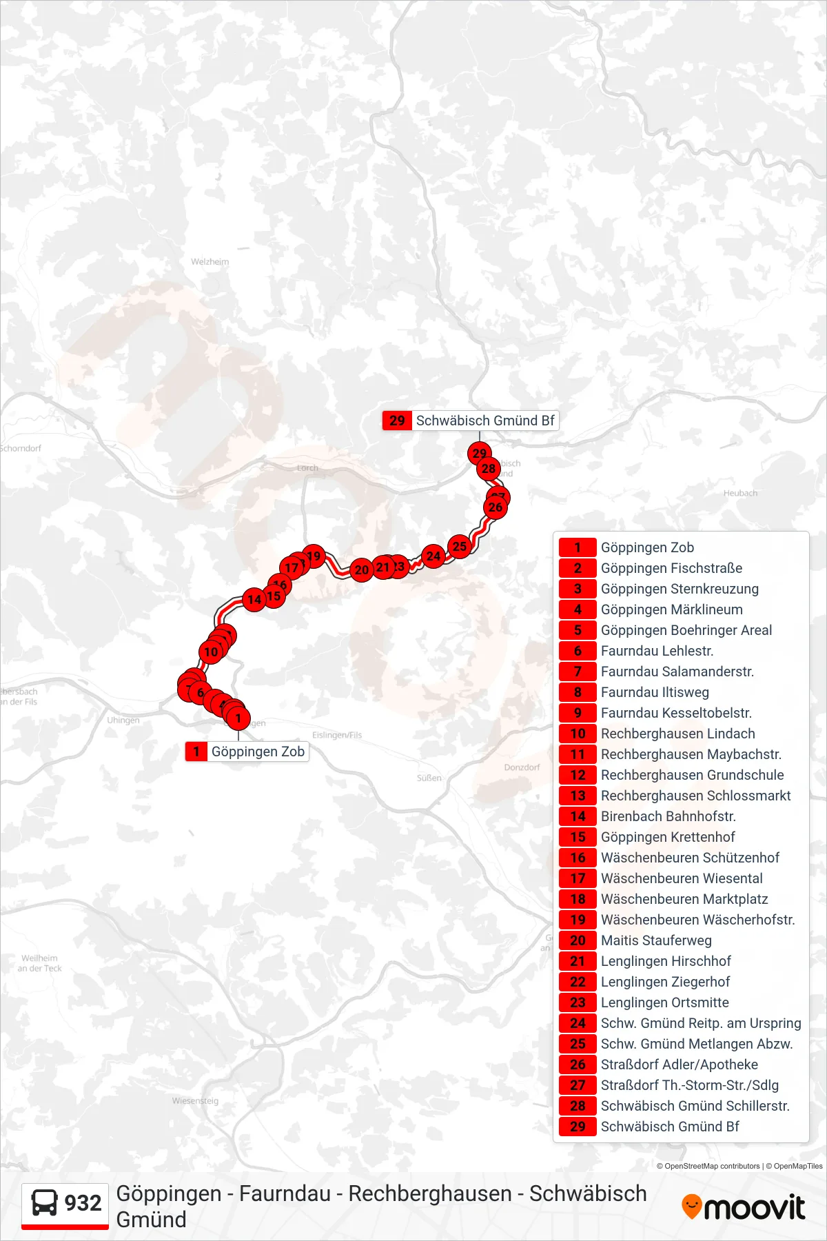 Linie 932 (Bus) Richtung Schwäbisch Gmünd Bf: Route und Haltestellen auf der Karte