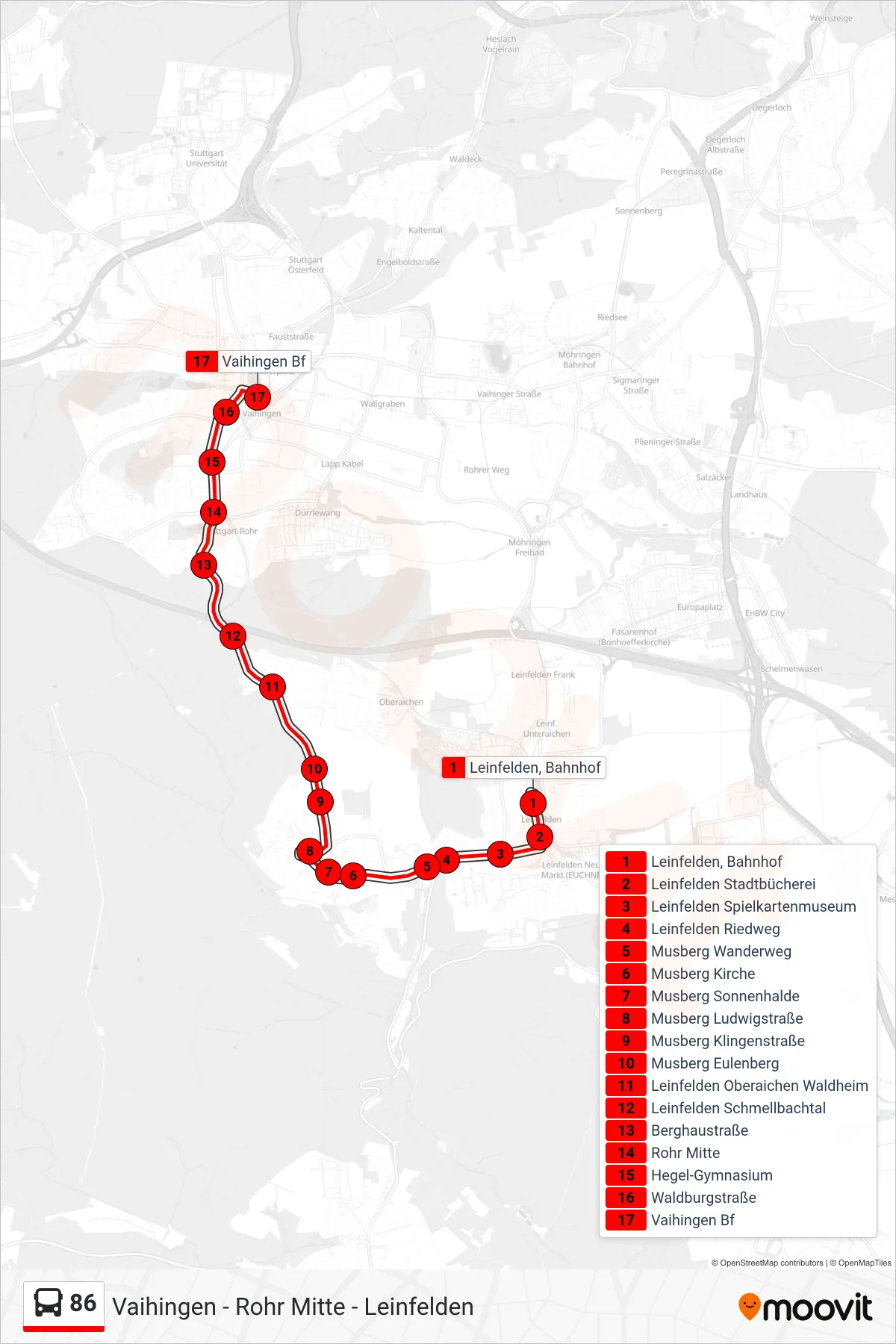 86 bus Line (Vaihingen Bf) route and stops on a map