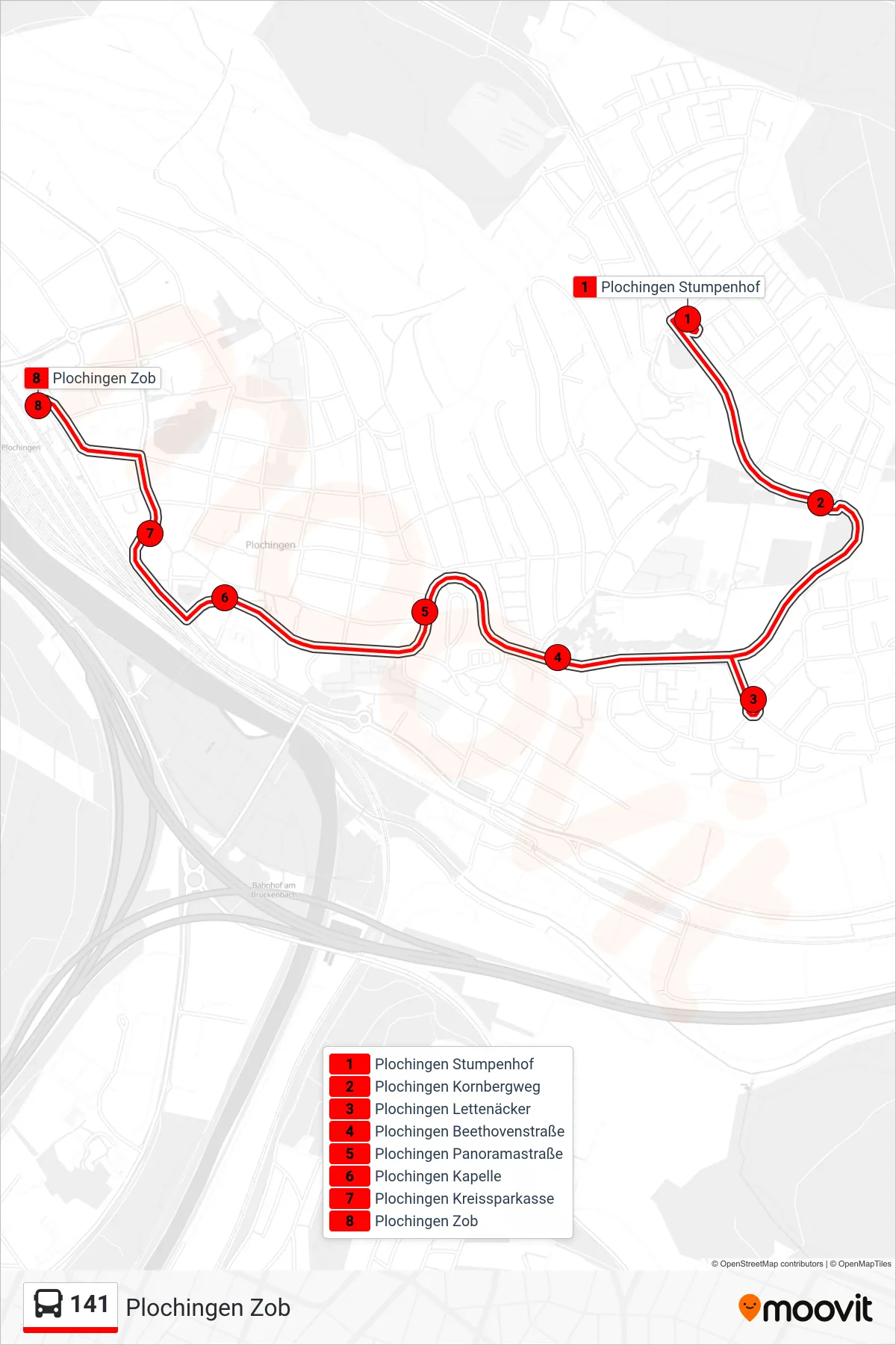 Linie 141 (Bus) Richtung Plochingen Zob: Route und Haltestellen auf der Karte