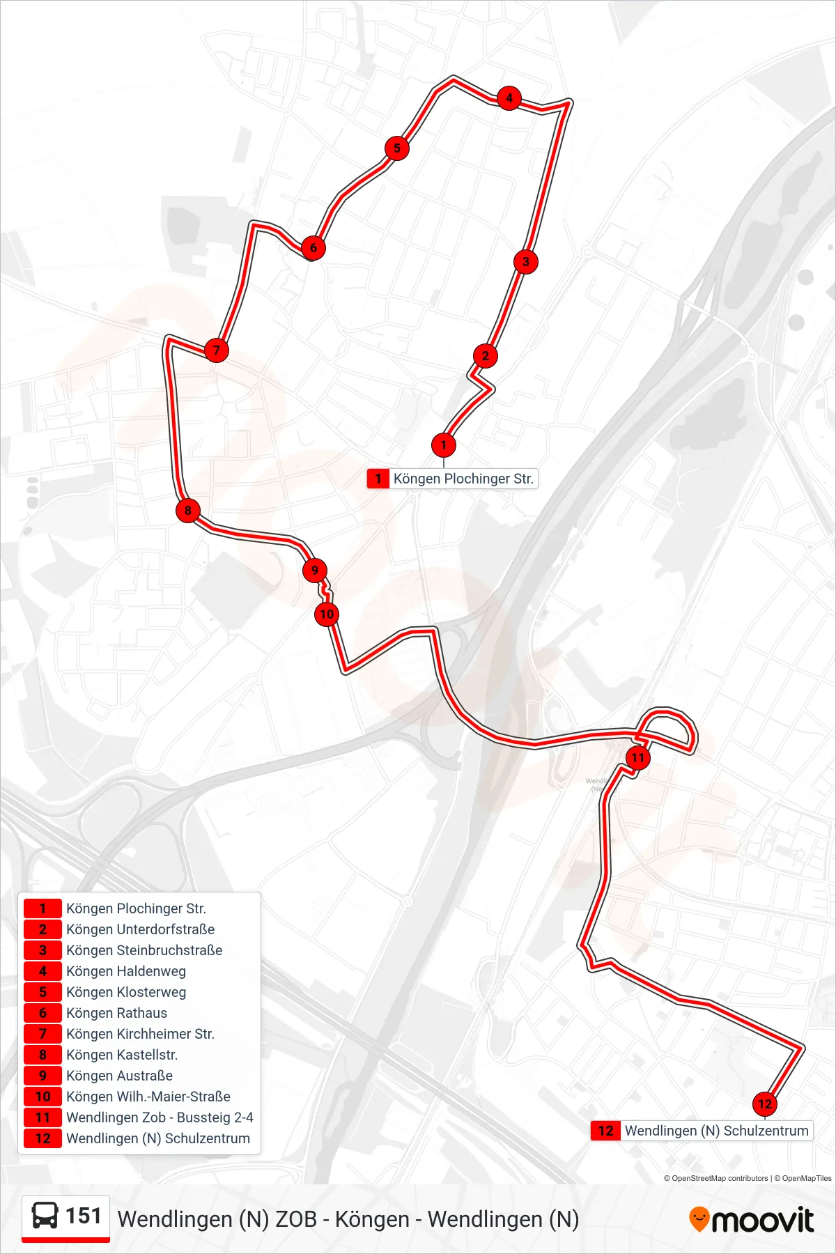 Linie 151 (Bus) Richtung Wendlingen (N) Schulzentrum: Route und Haltestellen auf der Karte