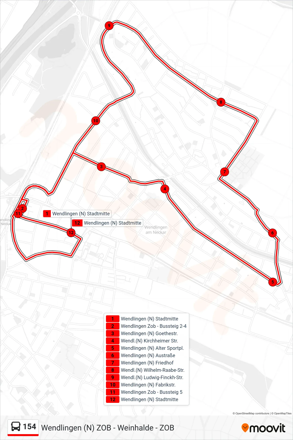 Linie 154 (Bus) Richtung Wendlingen (N) Stadtmitte: Route und Haltestellen auf der Karte